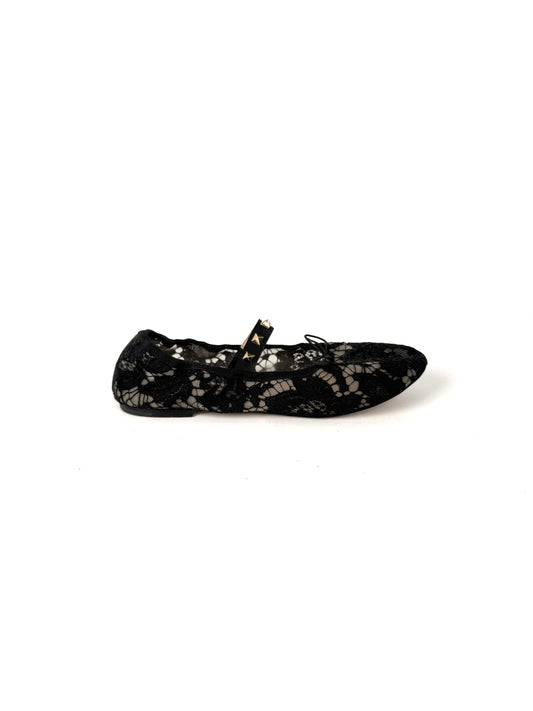 Valentino Garavani Lace Black Rockstud Mary Jane Bow Flats 39 8.5
