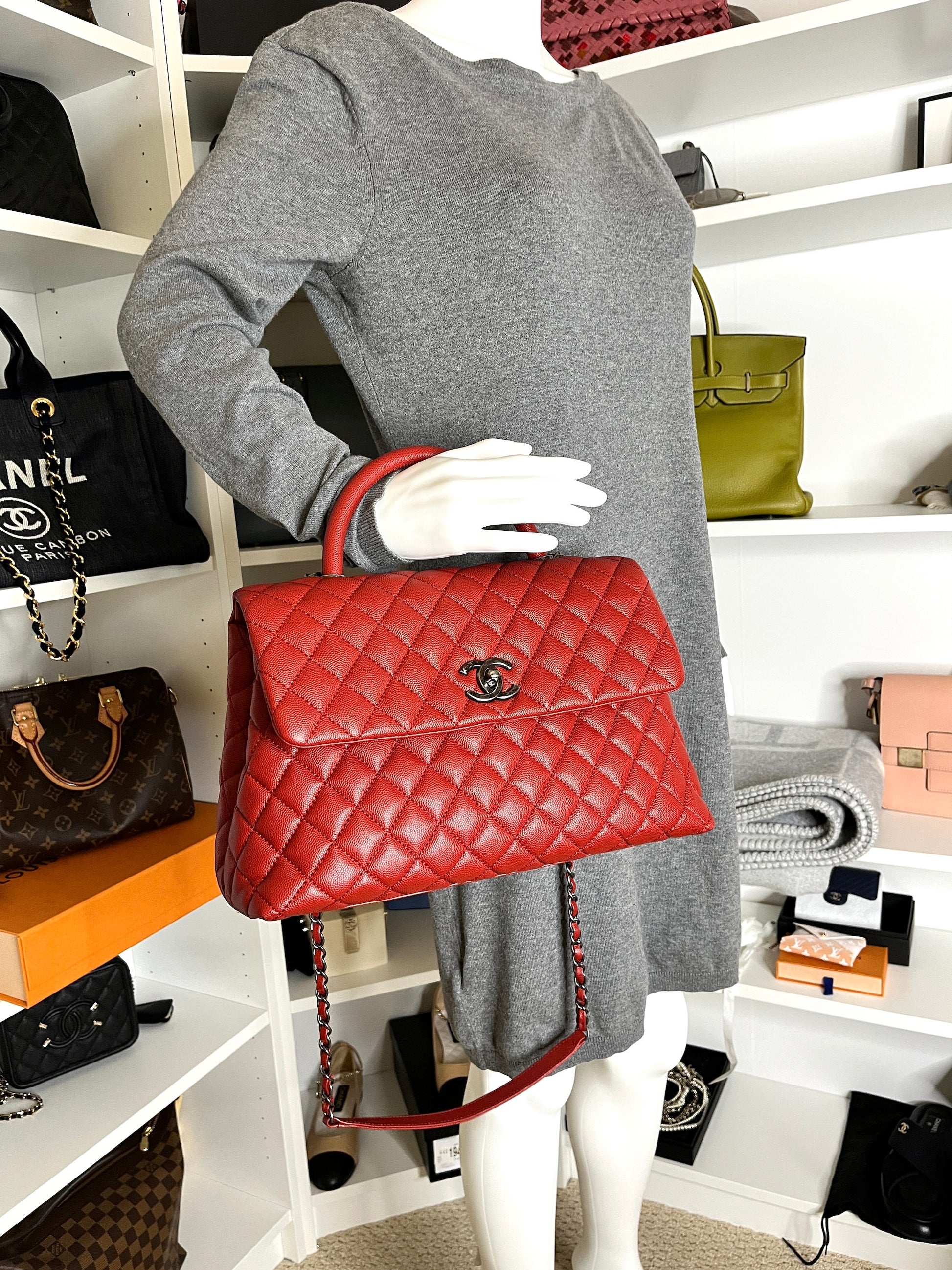 CHANEL Red Medium Coco Handle Top Handle Quilted Caviar Leather Bag