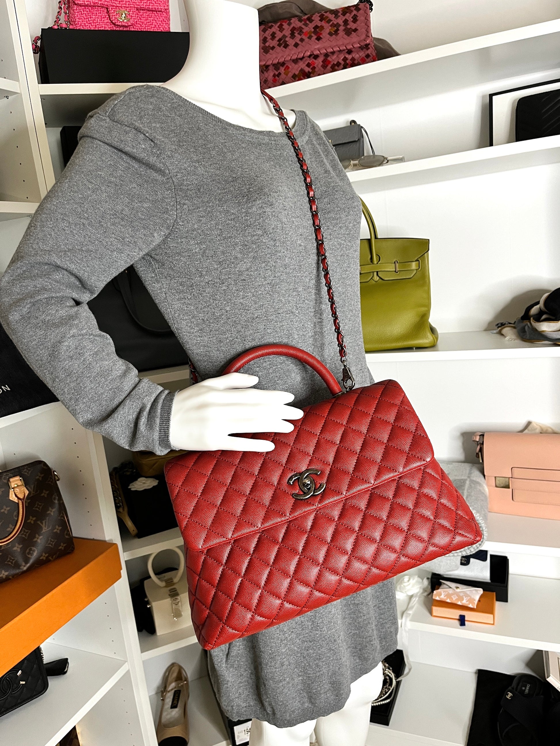 CHANEL Red Medium Coco Handle Top Handle Quilted Caviar Leather Bag