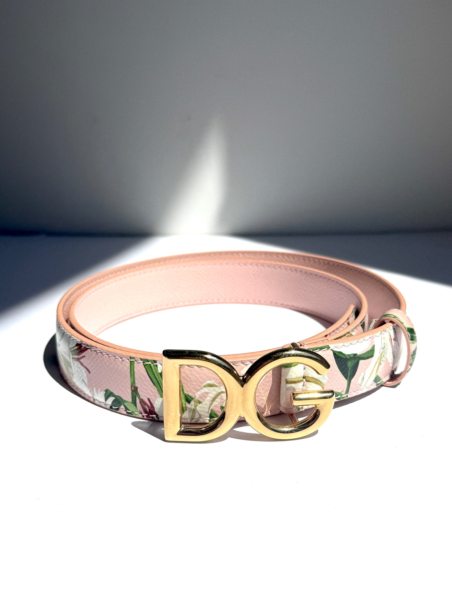 Dolce & Gabbana Pink White Floral  Logo Leather Belt 90