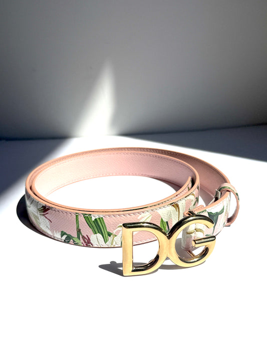 Dolce & Gabbana Pink White Floral  Logo Leather Belt 90
