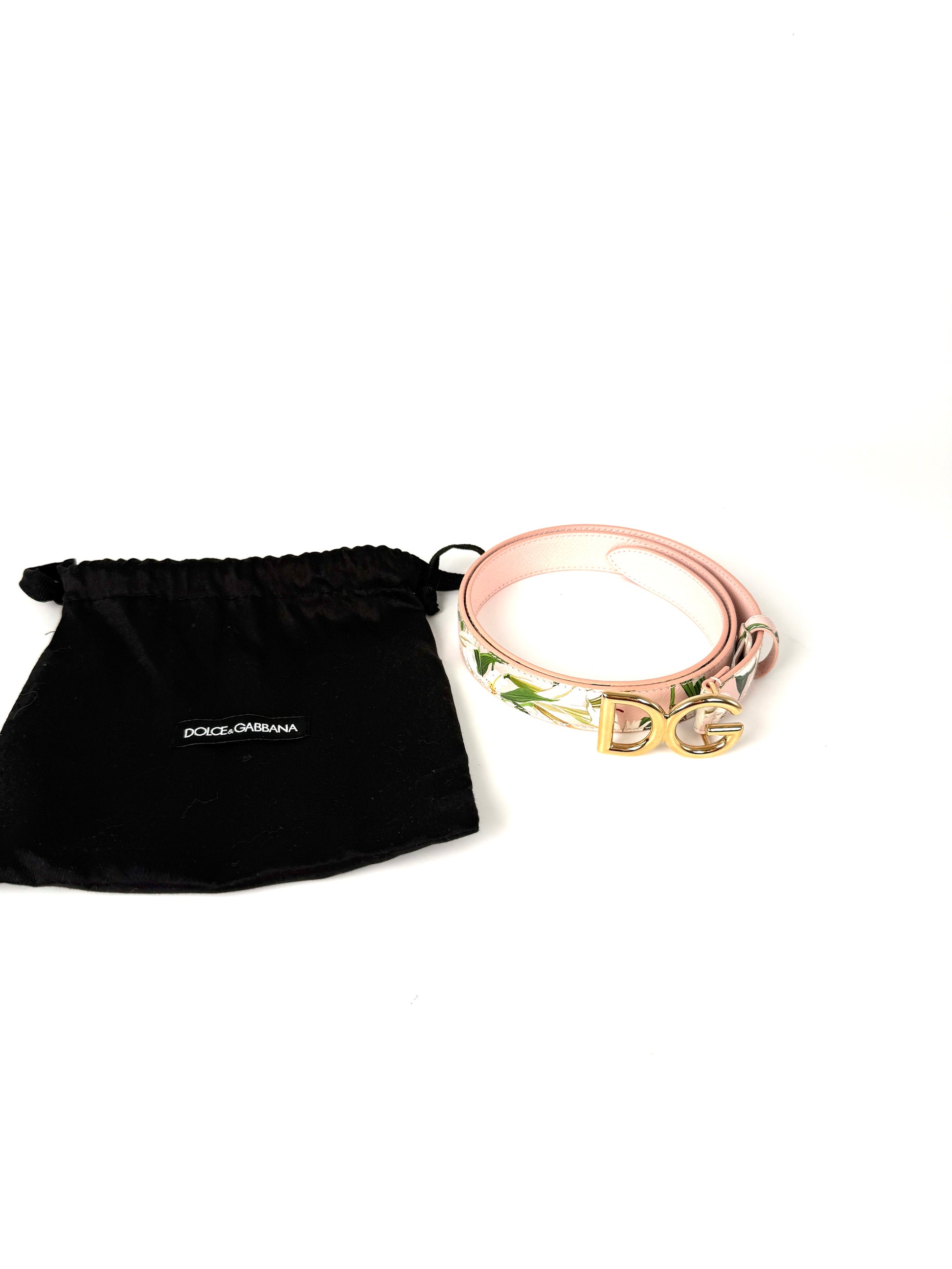 Dolce & Gabbana Pink White Floral  Logo Leather Belt 90