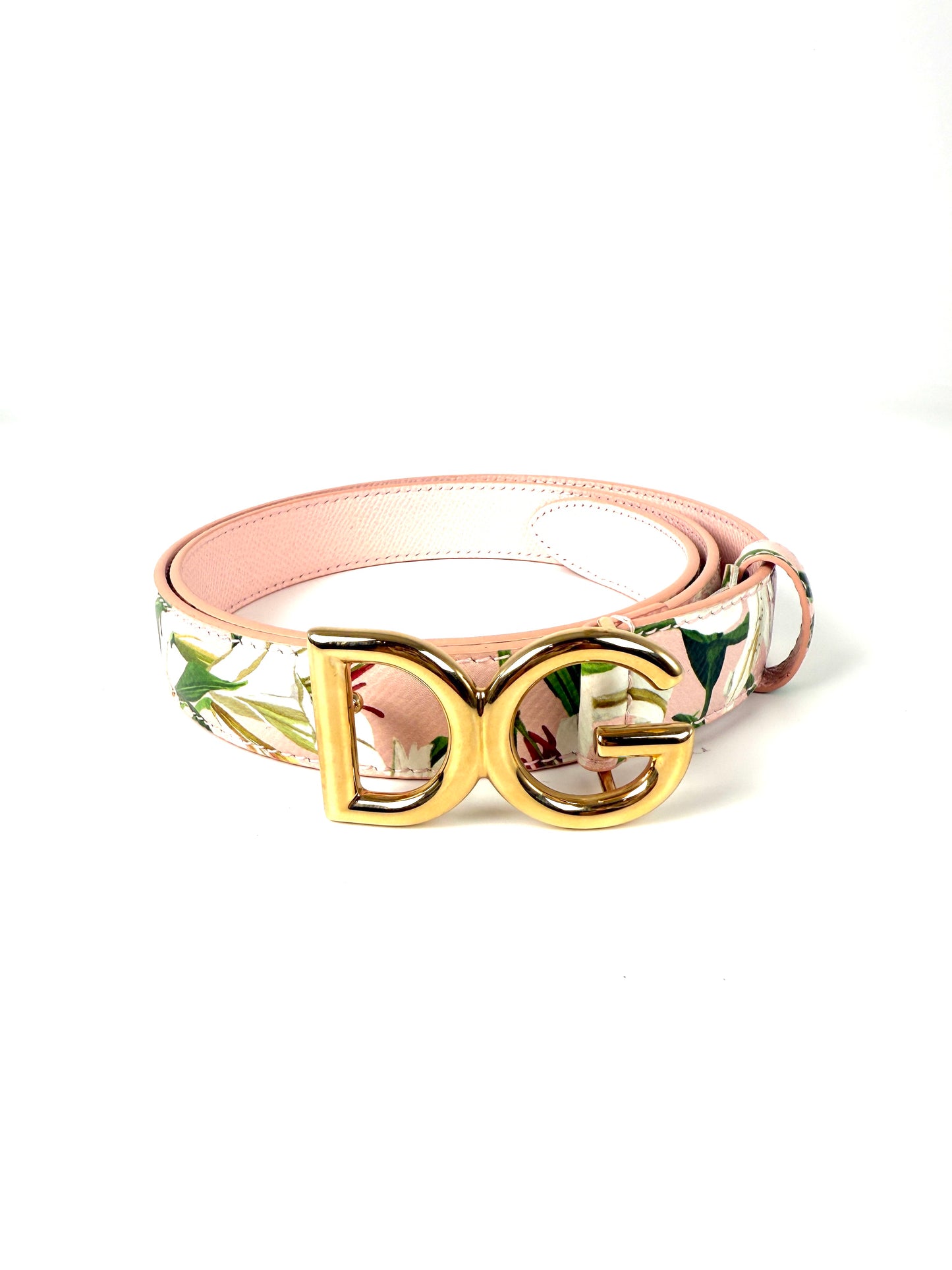 Dolce & Gabbana Pink White Floral  Logo Leather Belt 90