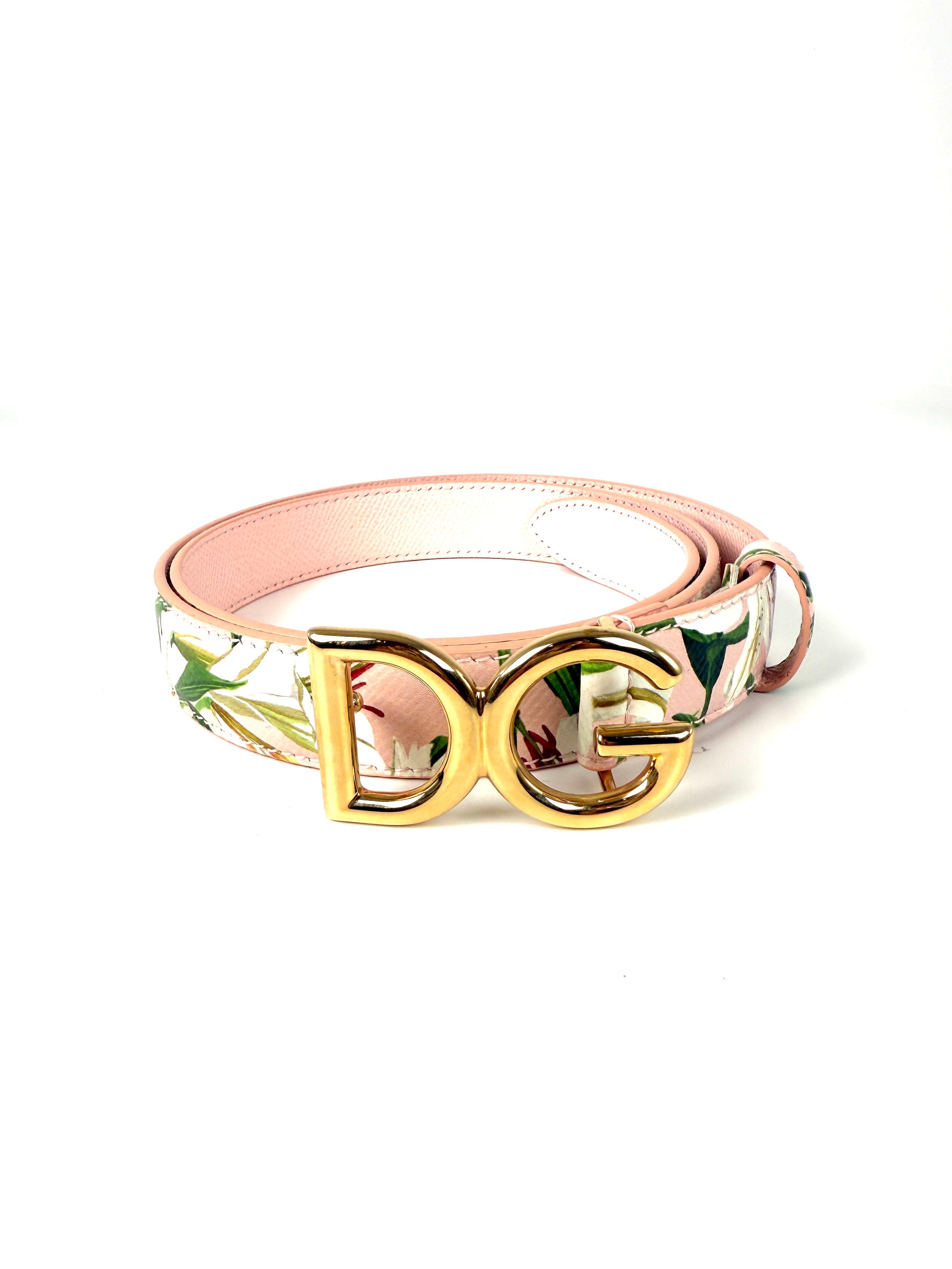 Dolce & Gabbana Pink White Floral  Logo Leather Belt 90