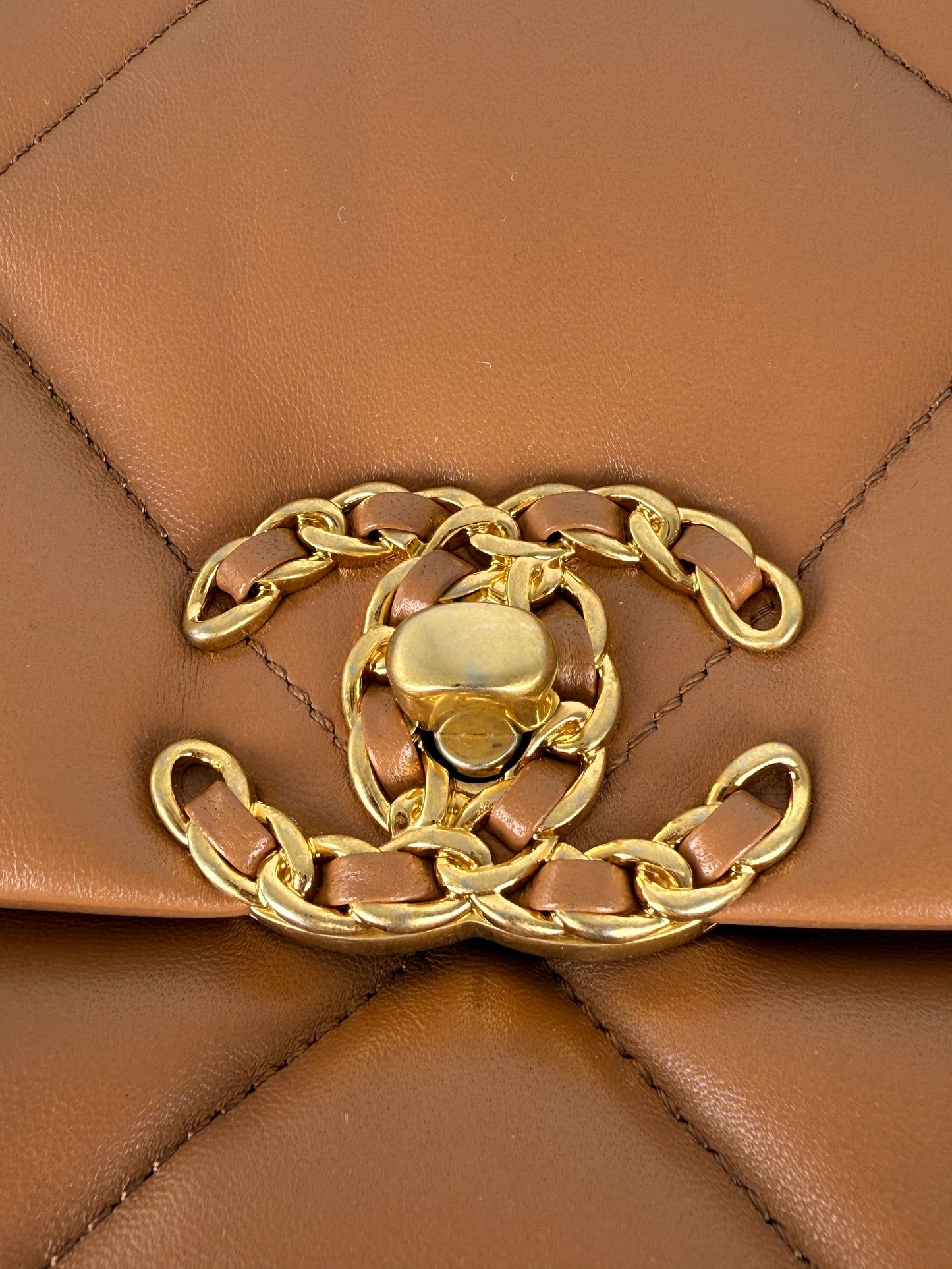 CHANEL 19 Small Carmel Brown Lambskin Gold Hardware Flap Bag
