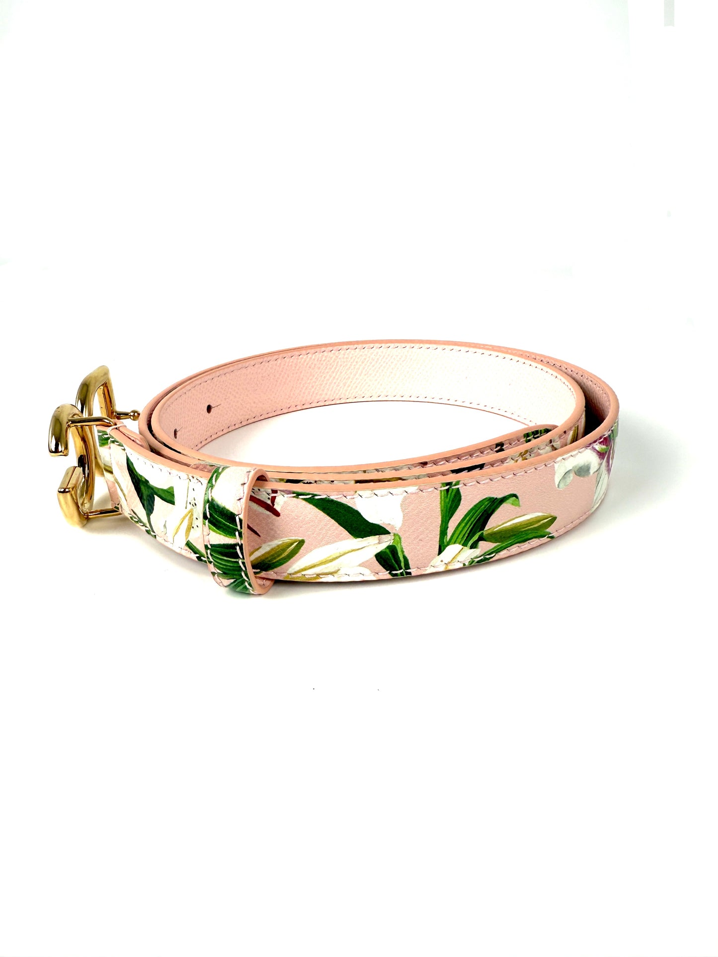Dolce & Gabbana Pink White Floral  Logo Leather Belt 90