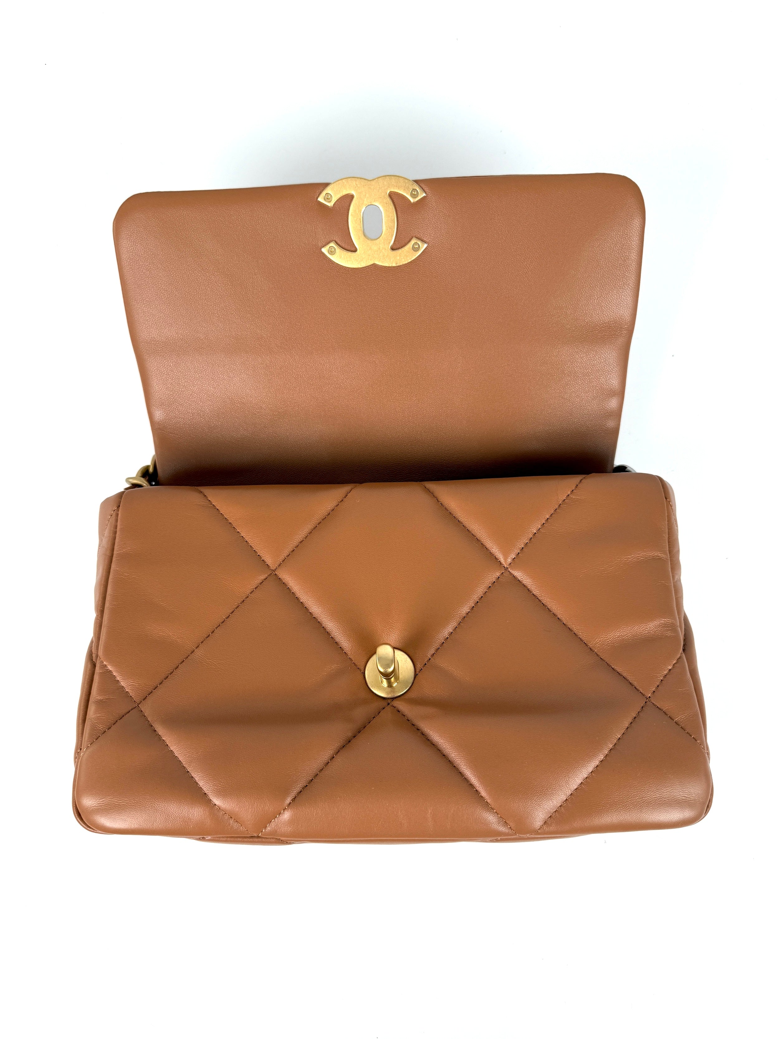 CHANEL 19 Small Carmel Brown Lambskin Gold Hardware Flap Bag