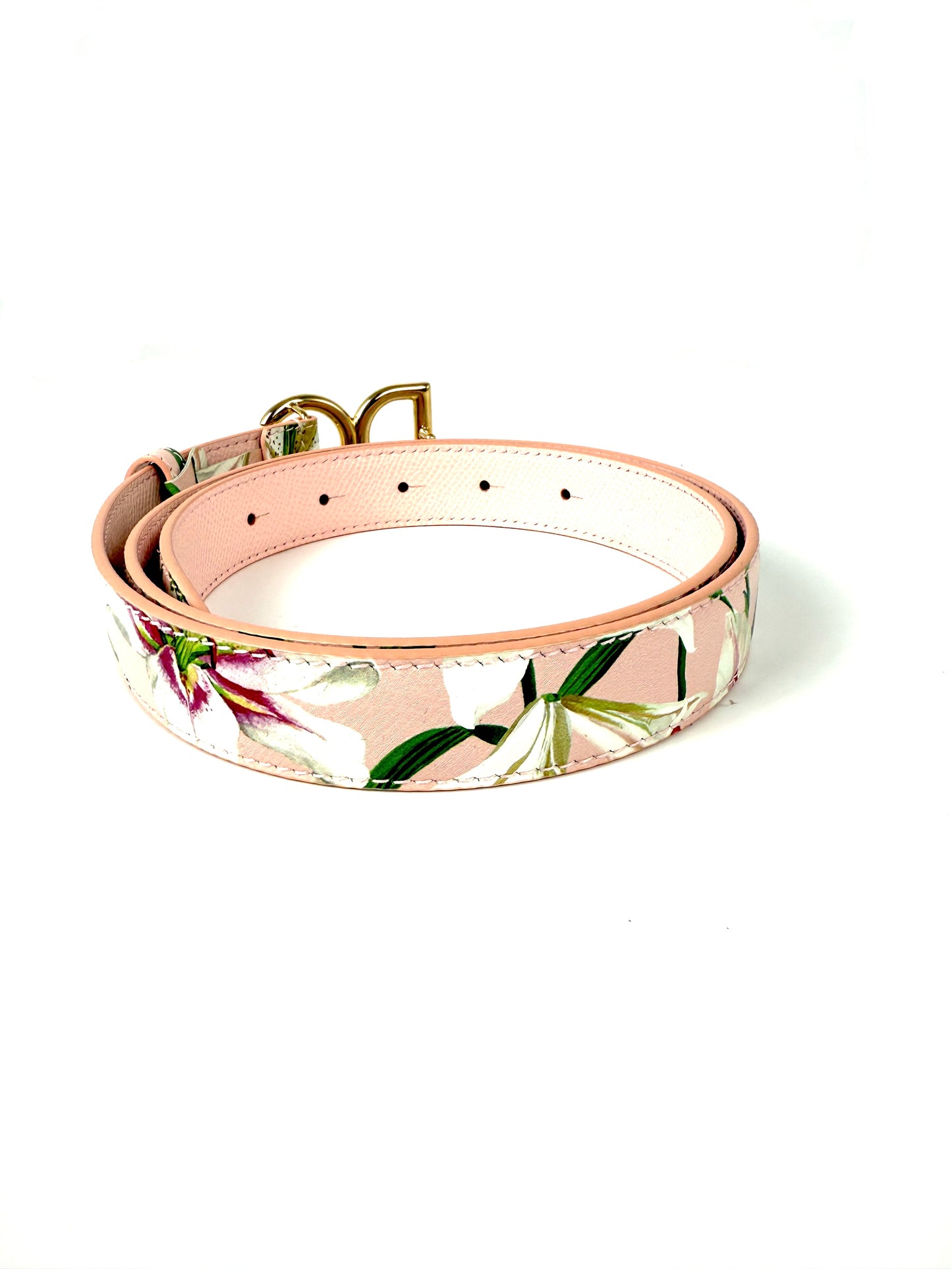 Dolce & Gabbana Pink White Floral  Logo Leather Belt 90