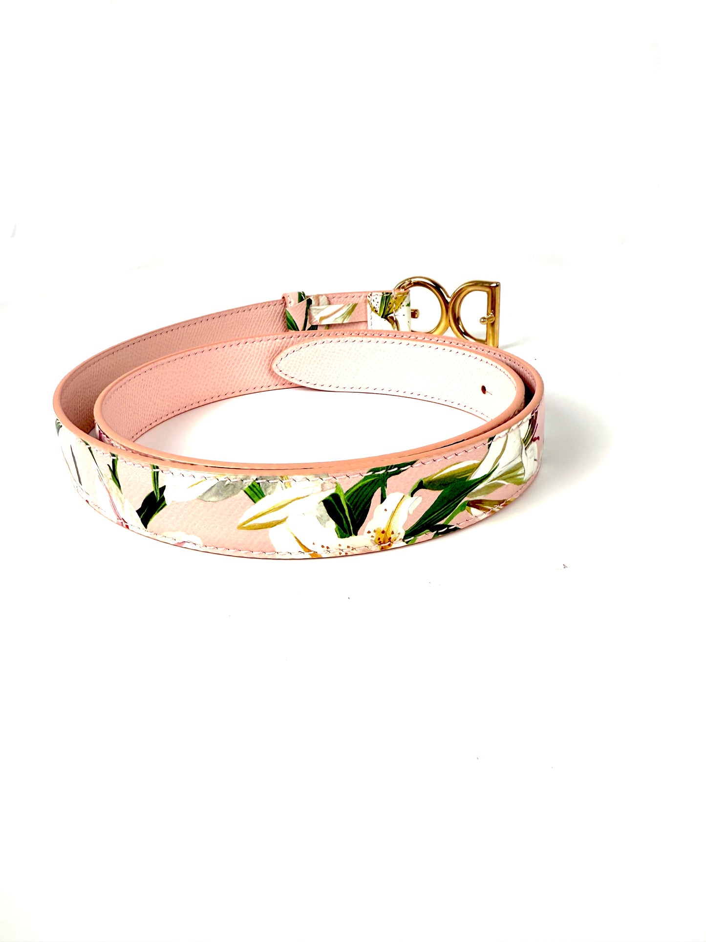 Dolce & Gabbana Pink White Floral  Logo Leather Belt 90
