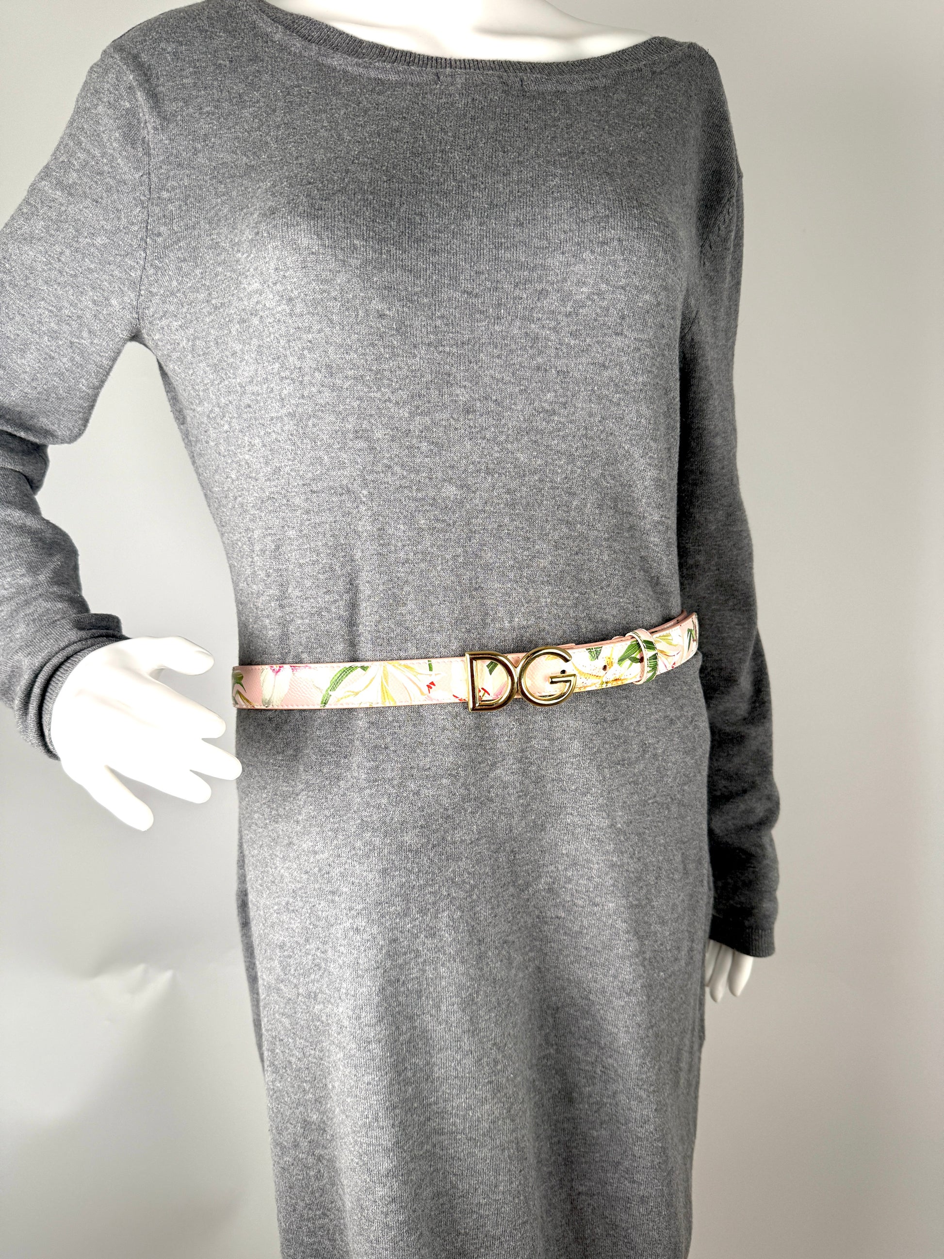 Dolce & Gabbana Pink White Floral  Logo Leather Belt 90 Designer consignment