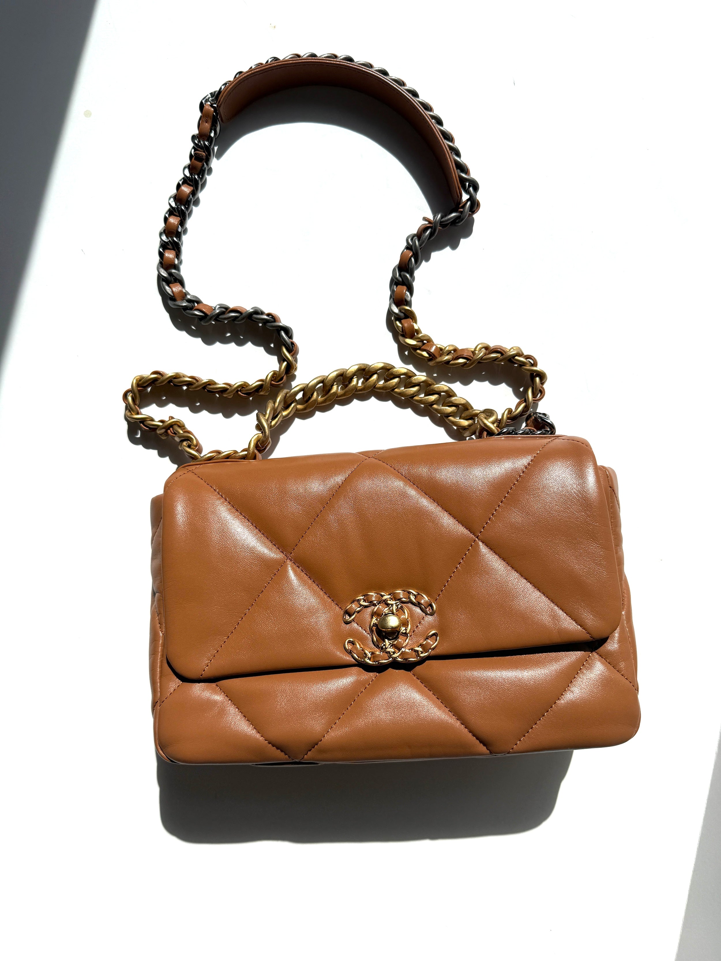 CHANEL 19 Small Carmel Brown Lambskin Gold Hardware Flap Bag