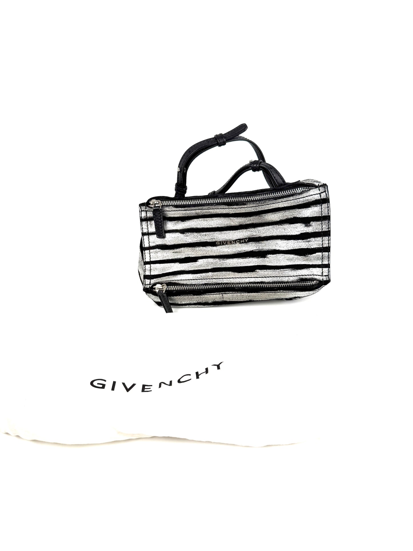 Givenchy Pandora Mini Black Silver Metallic Stripe Suede Leather Crossbody Bag