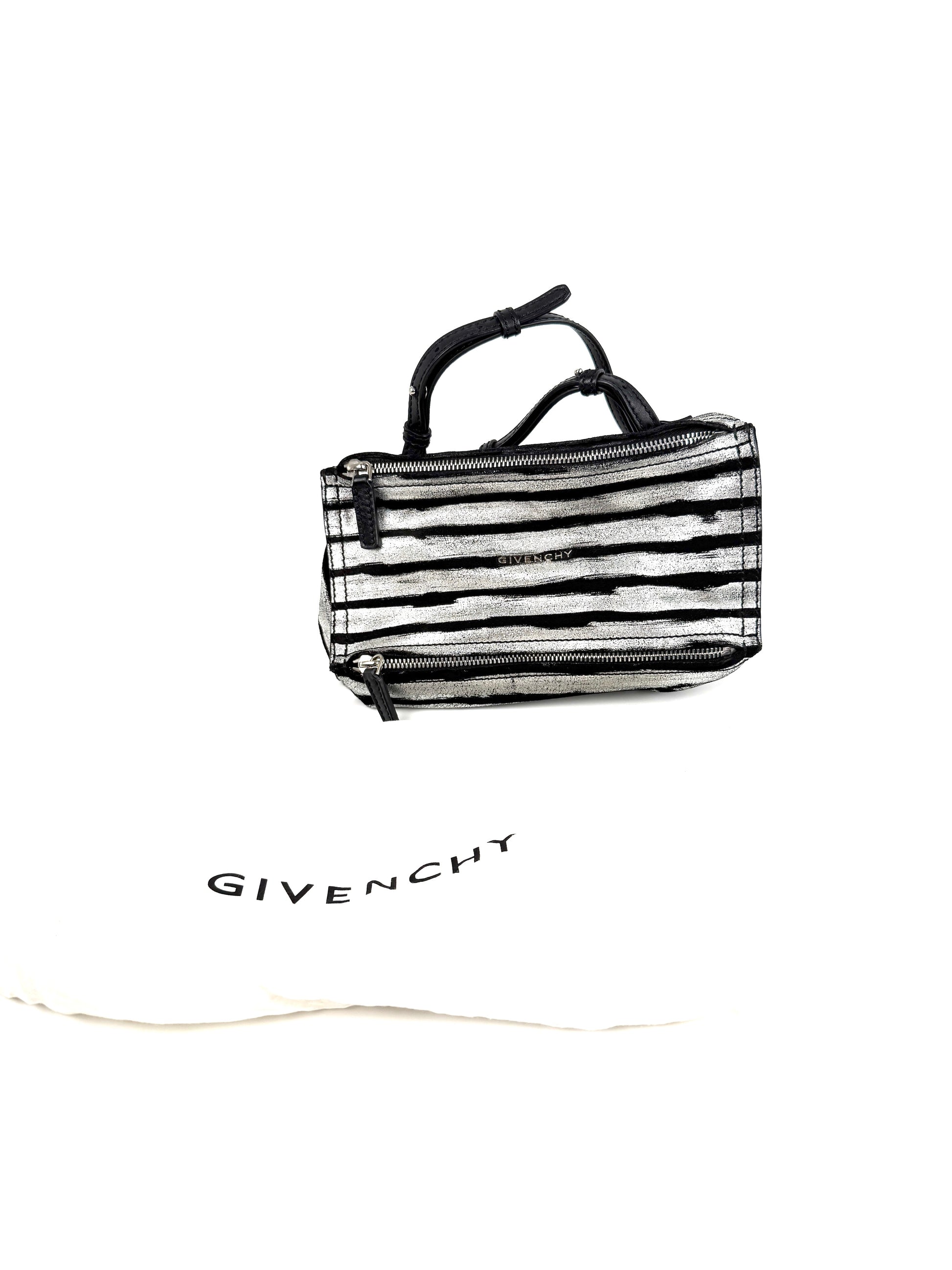 Givenchy Pandora Mini Black Silver Metallic Stripe Suede Leather Crossbody Bag