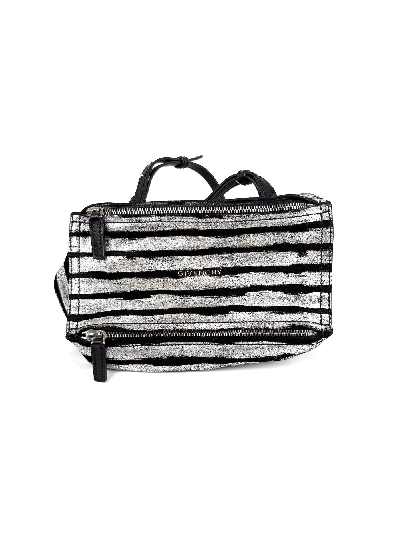 Givenchy Pandora Mini Black Silver Metallic Stripe Suede Leather Crossbody Bag