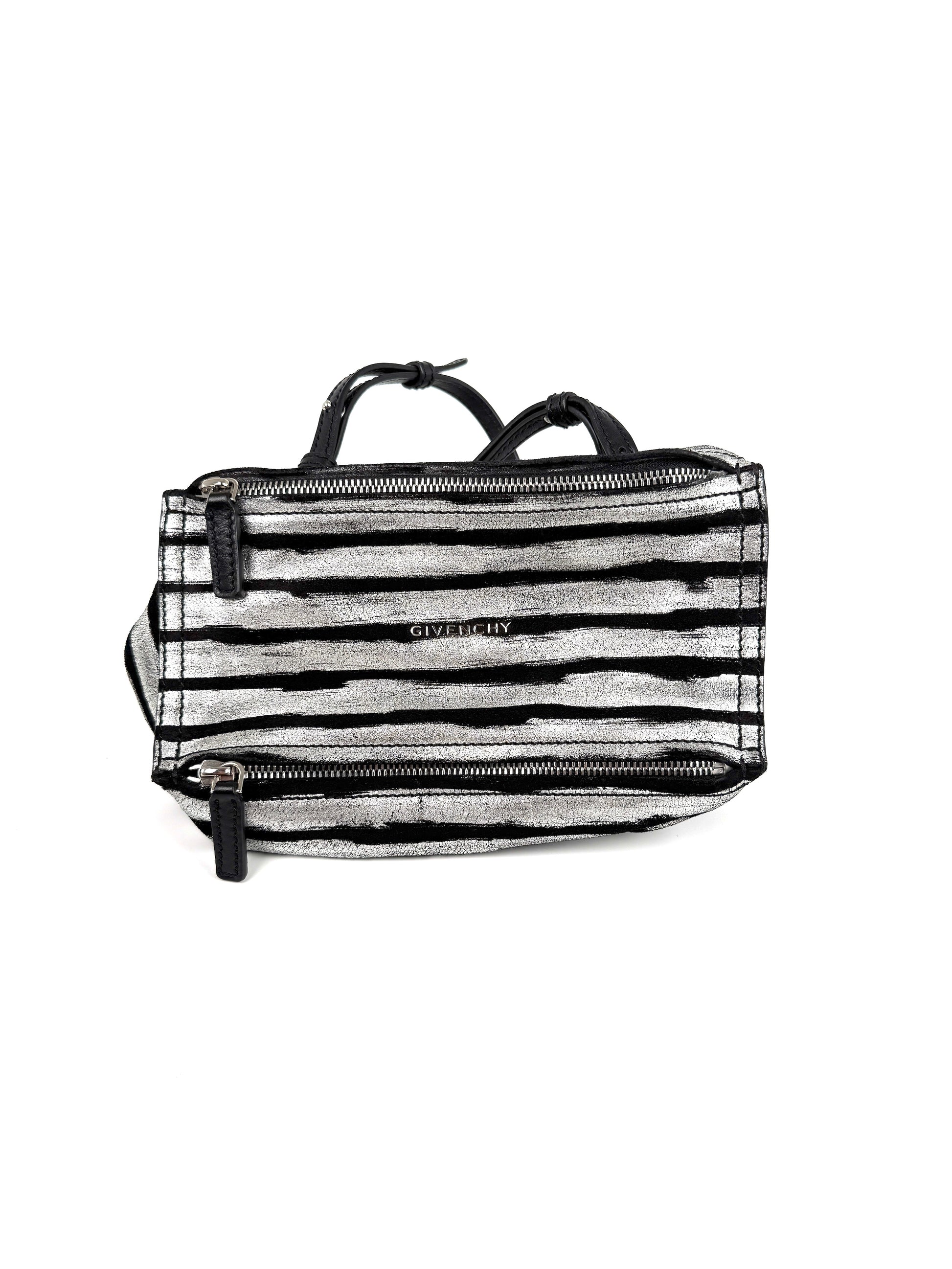Givenchy Pandora Mini Black Silver Metallic Stripe Suede Leather Crossbody Bag