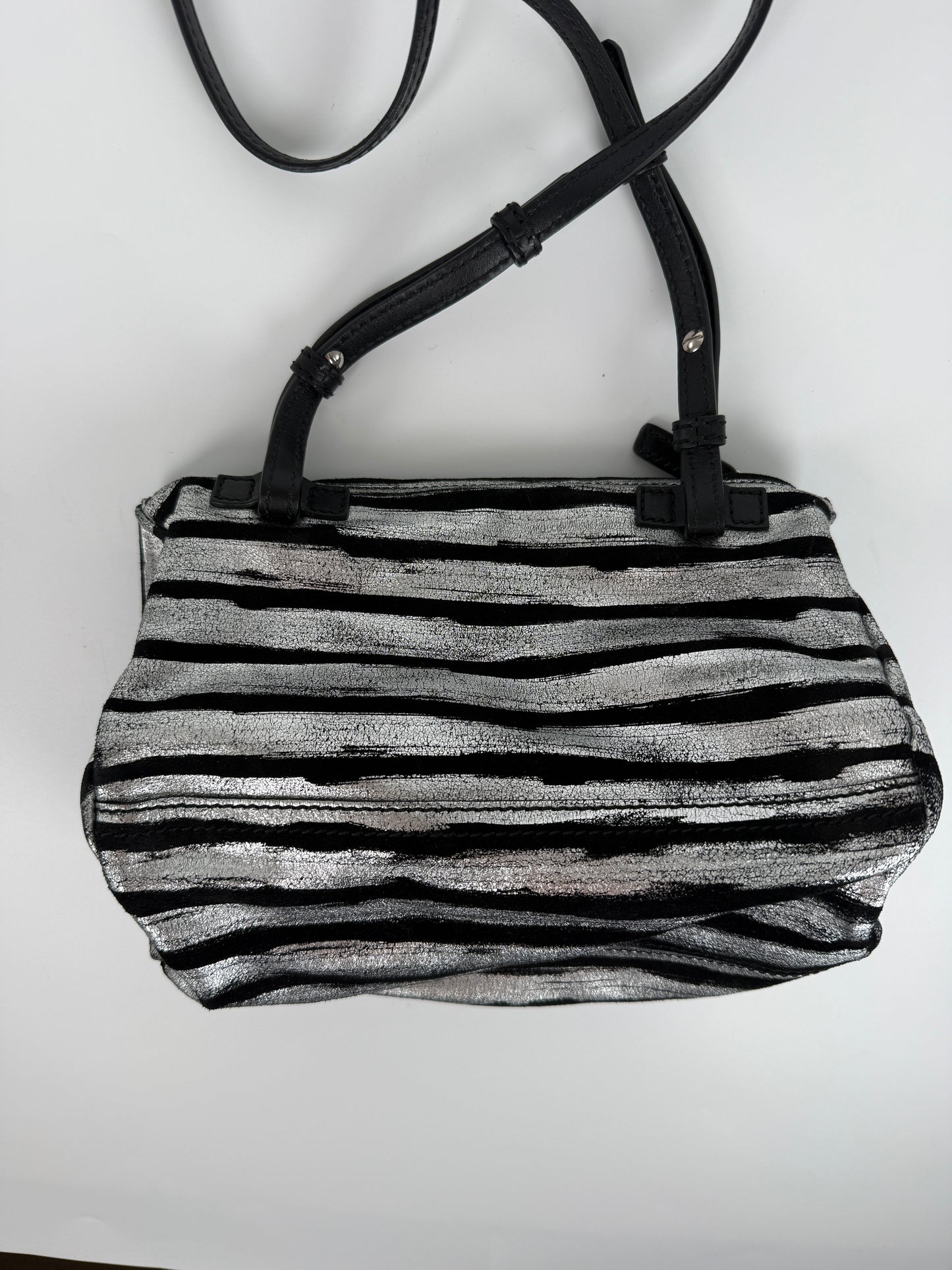 Givenchy Pandora Mini Black Silver Metallic Stripe Suede Leather Crossbody Bag