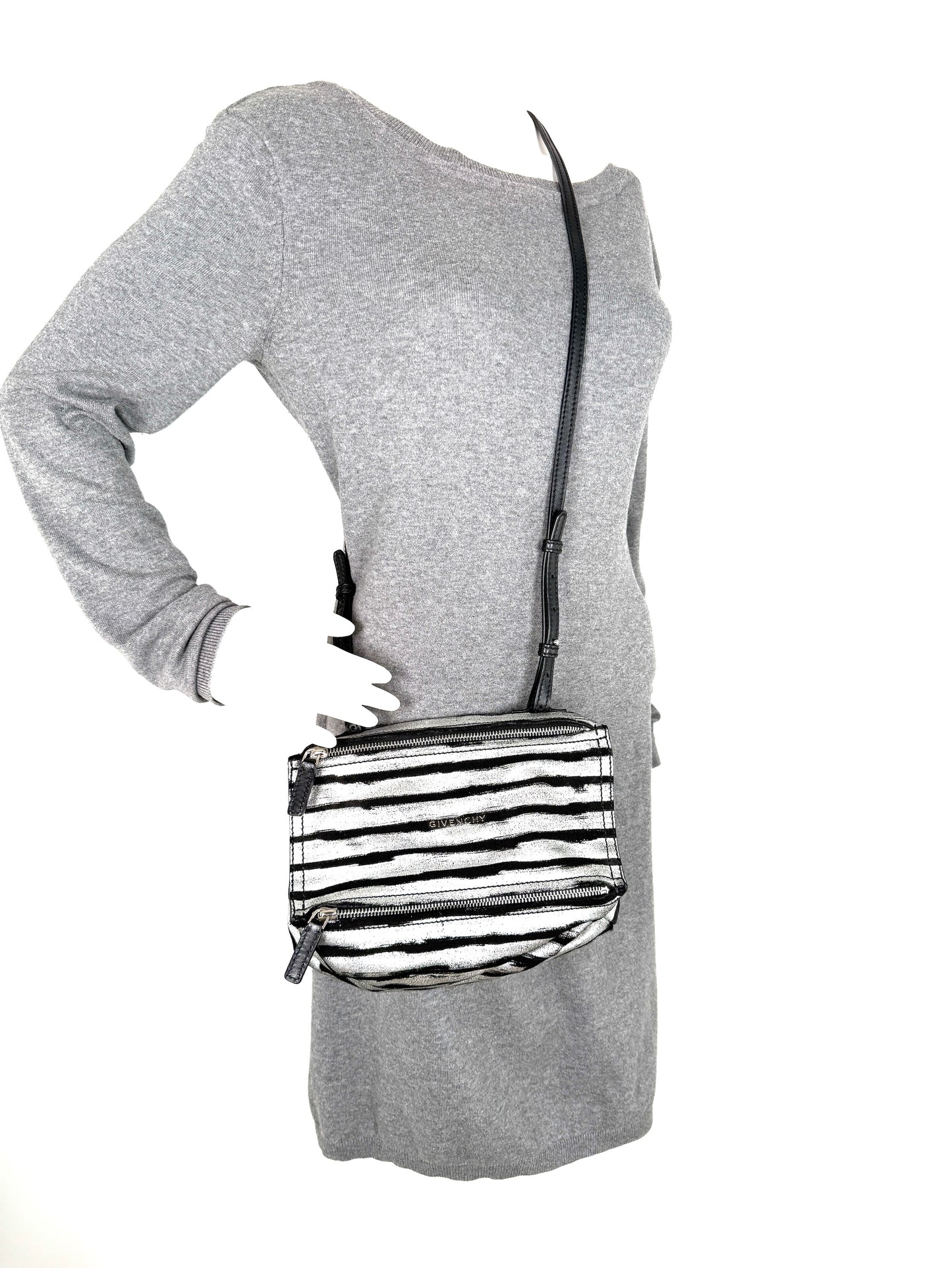 Givenchy Pandora Mini Black Silver Metallic Stripe Suede Leather Crossbody Bag