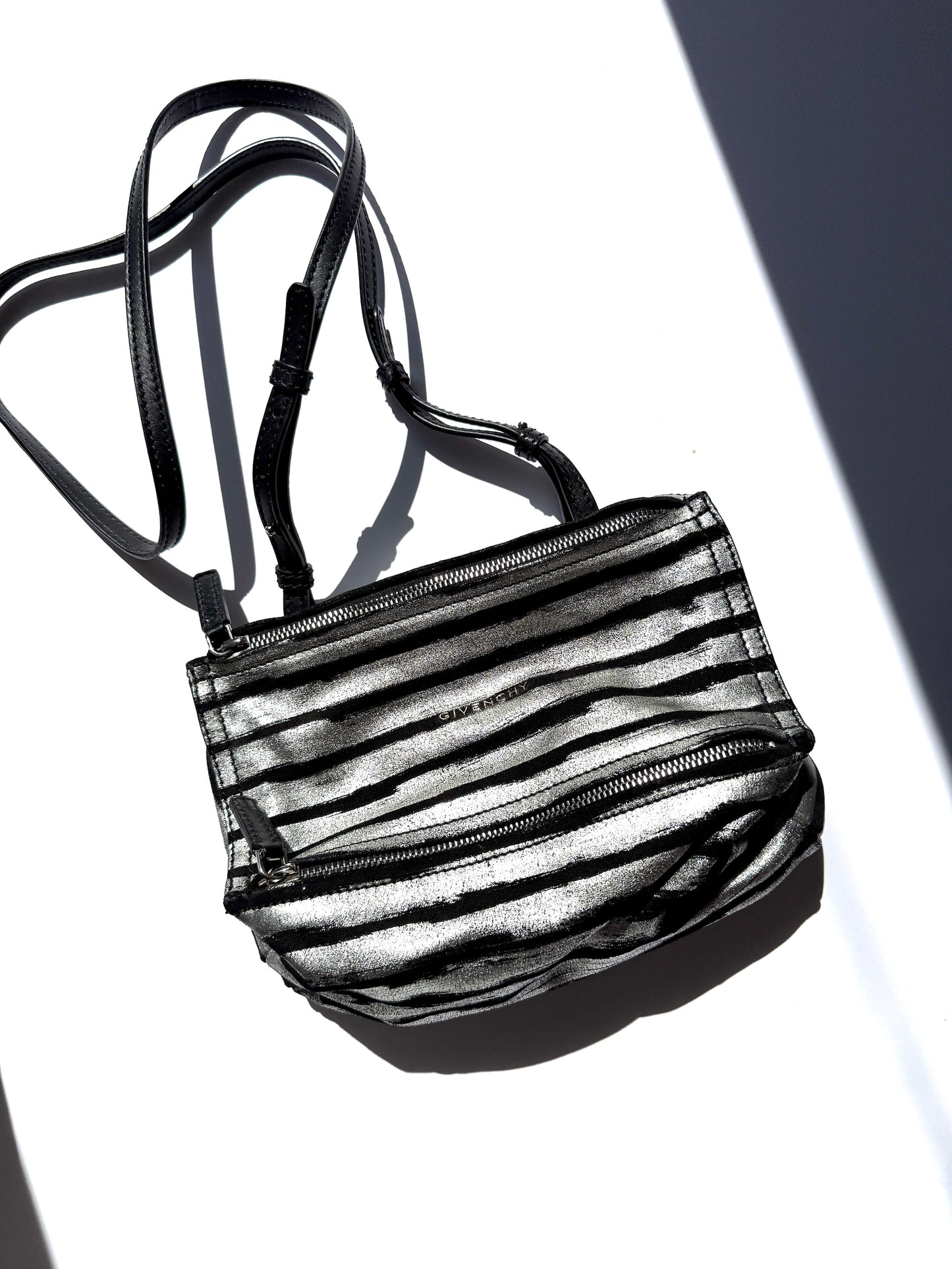 Givenchy Pandora Mini Black Silver Metallic Stripe Suede Leather Crossbody Bag