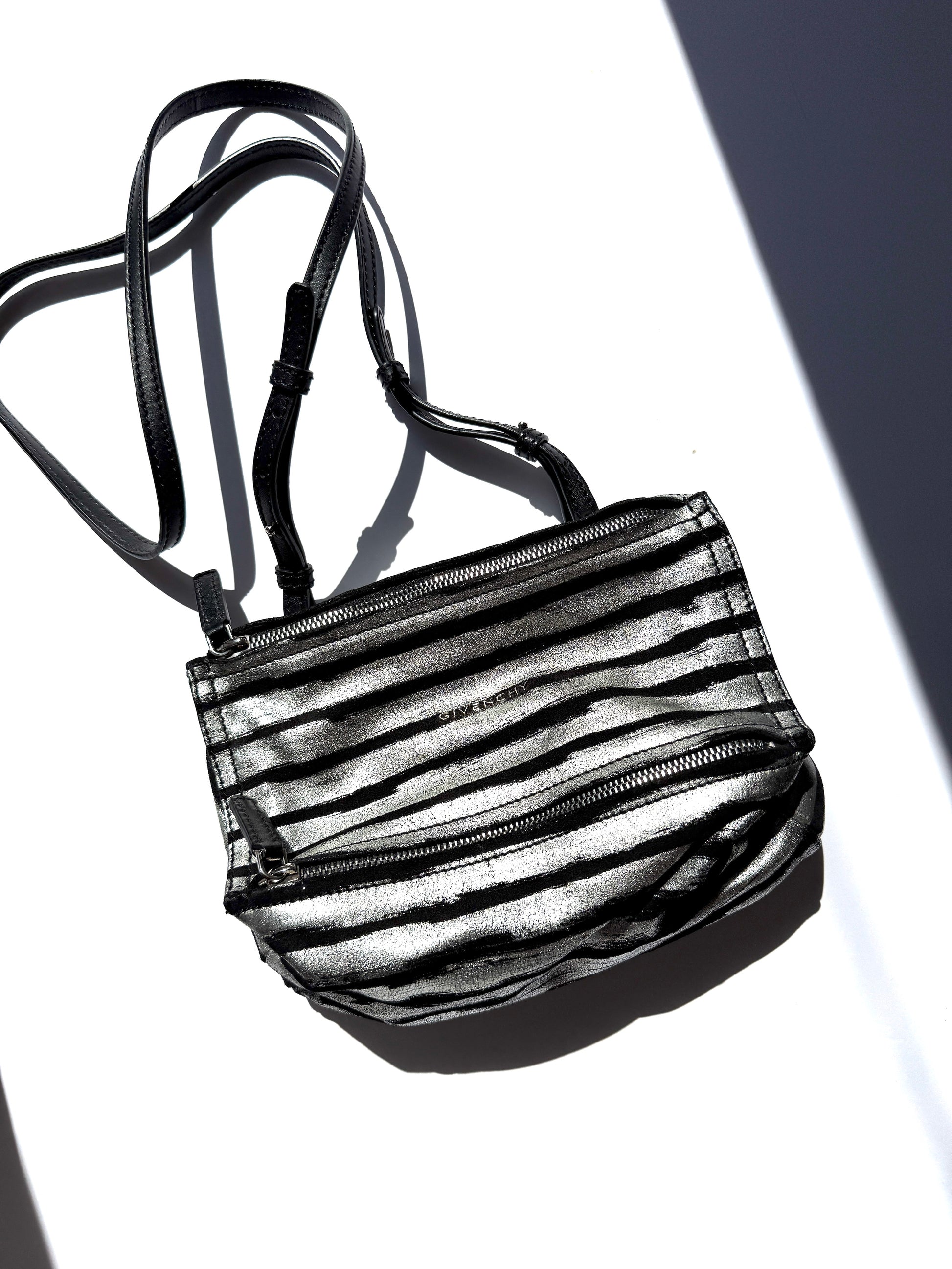 Givenchy Pandora Mini Black Silver Metallic Stripe Suede Leather Crossbody Bag