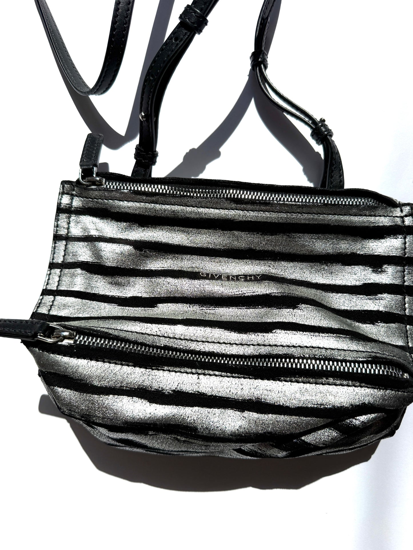Givenchy Pandora Mini Black Silver Metallic Stripe Suede Leather Crossbody Bag