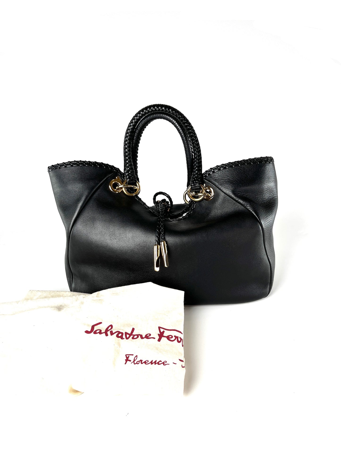 Salvatore Ferragamo Black Gancini Braided Leather Tote Bag
