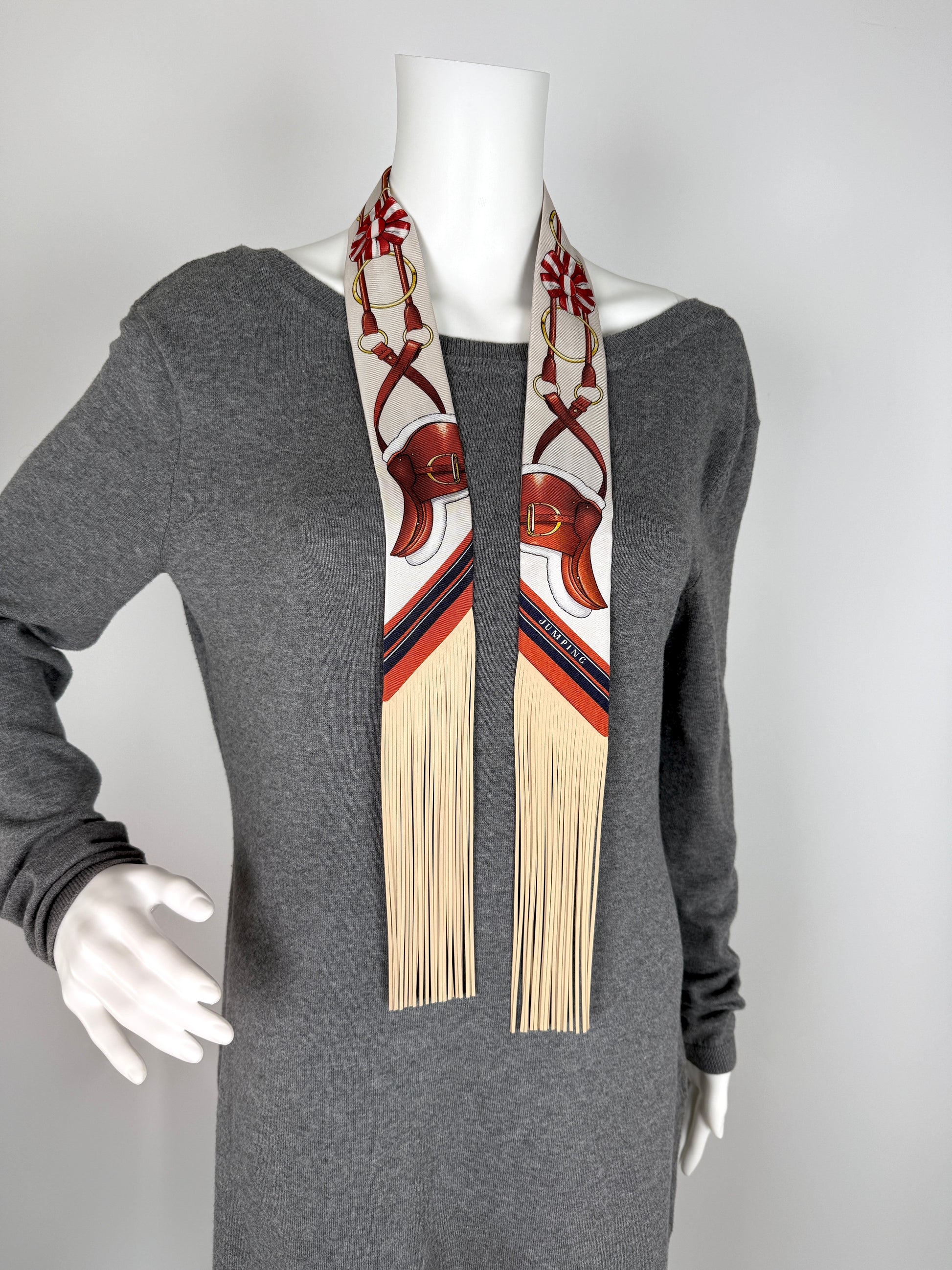 HERMES Jumping Creme Alezan Anthracite Silk Calfskin Leather Fringes Twilly Scarf New