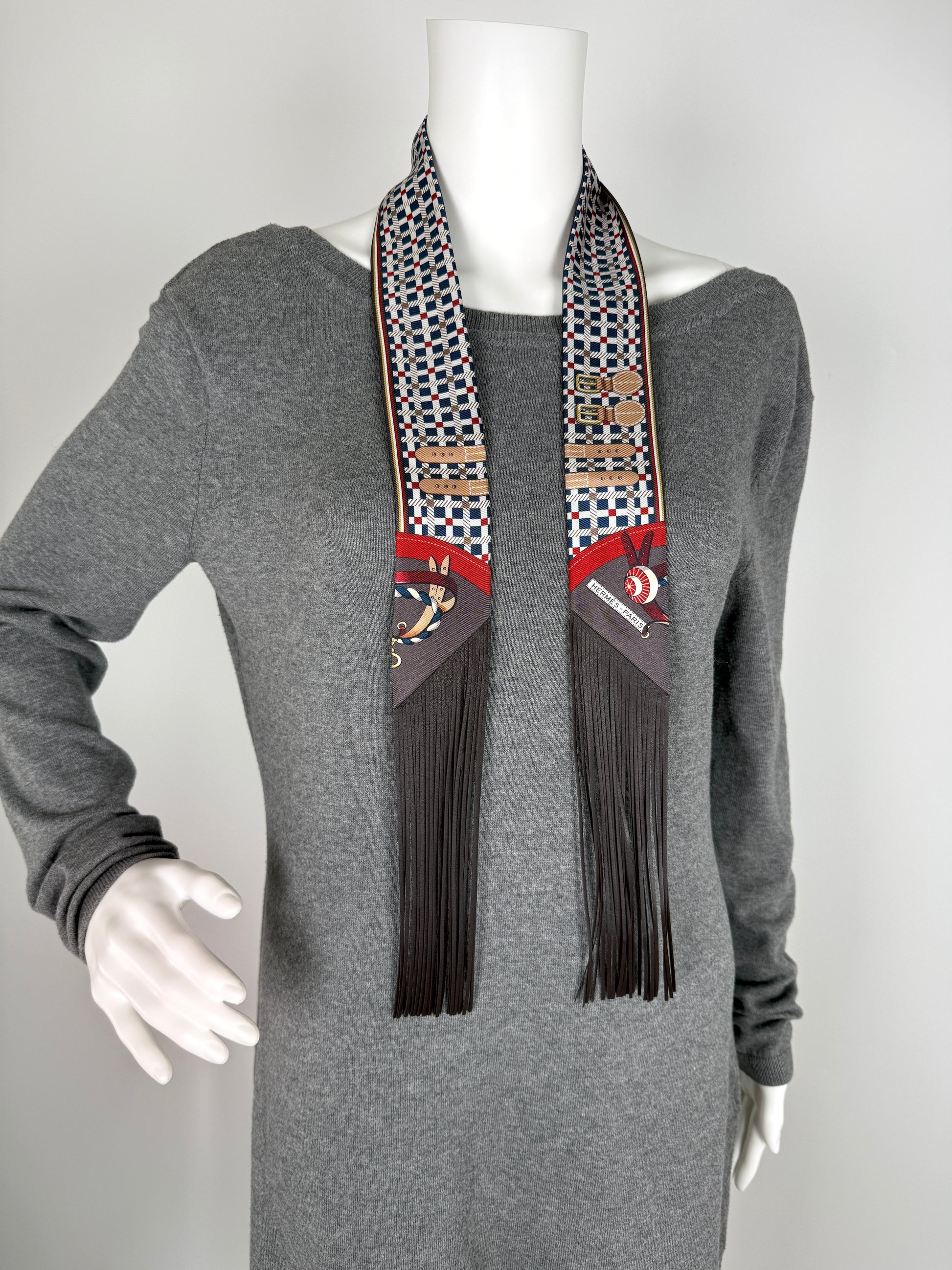 HERMES Les Voitures Nouvelles Bleu Rouge H Marron Glace Silk Calfskin Leather Fringes Twilly Scarf New