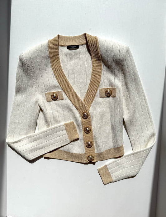 Balmain Off White Gold Ribbed Knit Cropped Cardigan 38 6