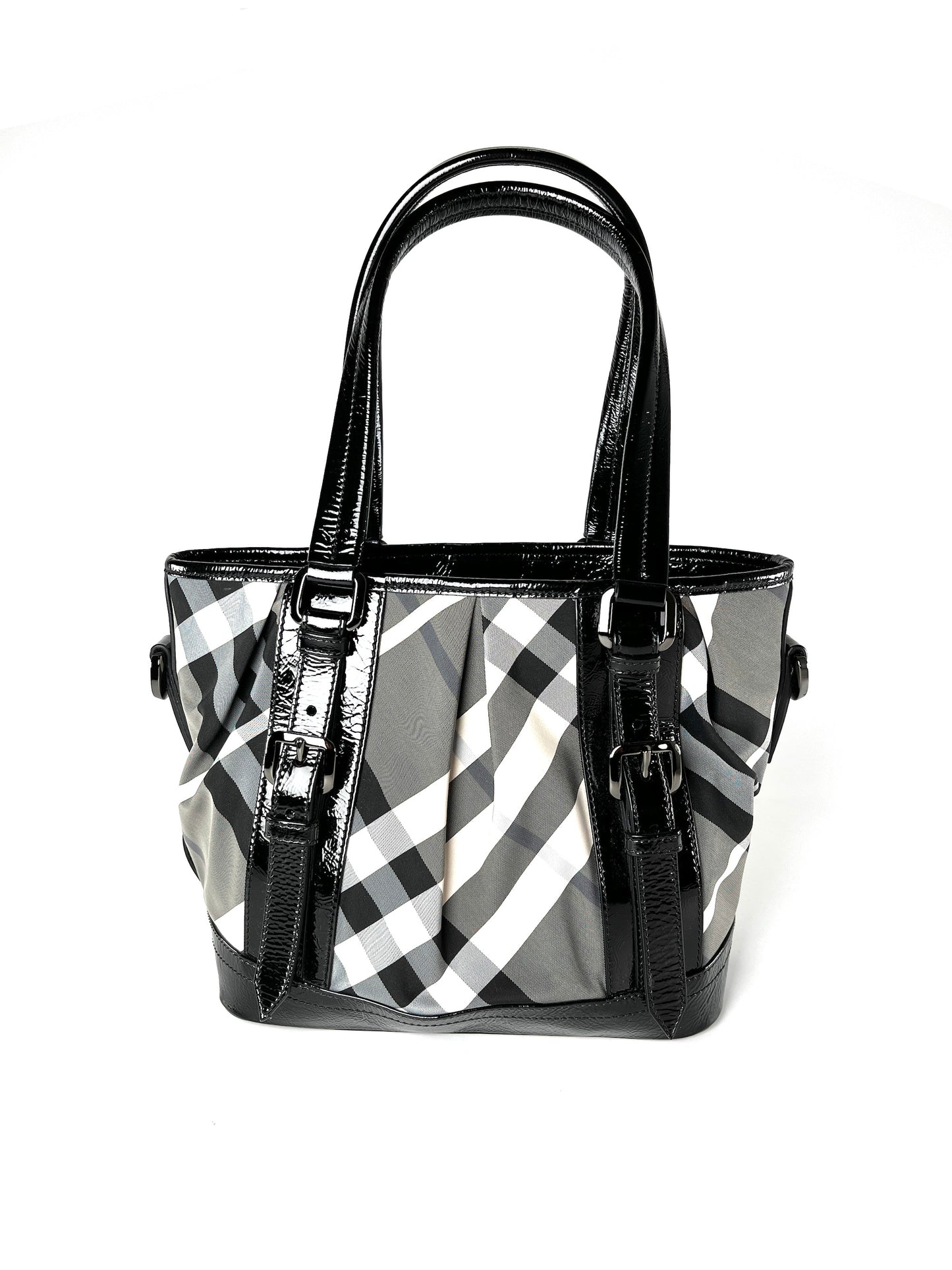 Burberry Nylon Leather Black Beat Check Lowry Tote Bag