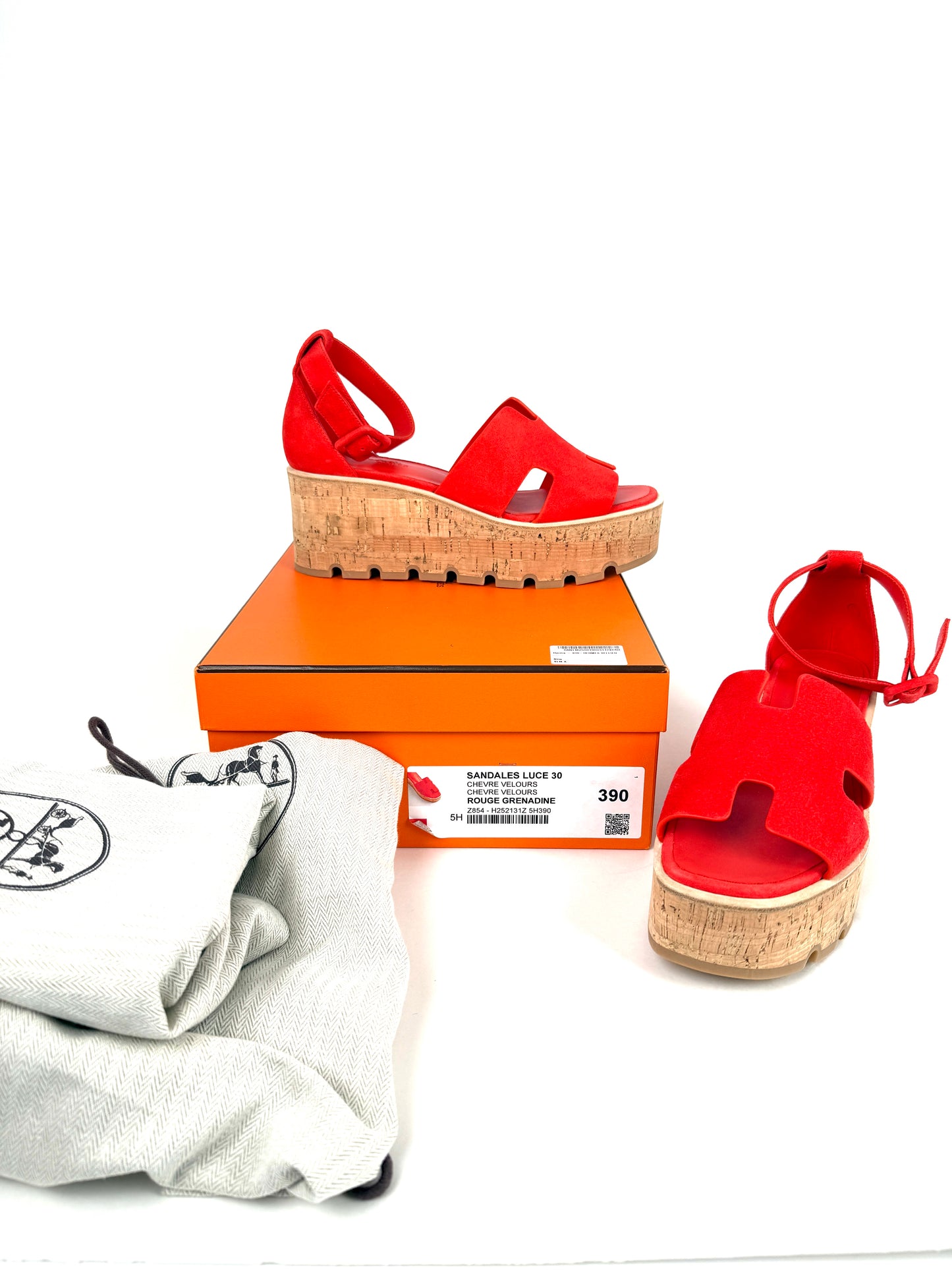 HERMES Luce 30 Wedge Rouge Grenadine Red Suede Leather Sandals 39 8.5