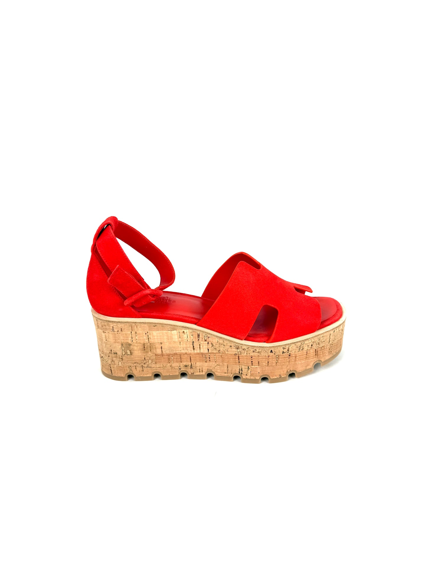 HERMES Luce 30 Wedge Rouge Grenadine Red Suede Leather Sandals 39 8.5