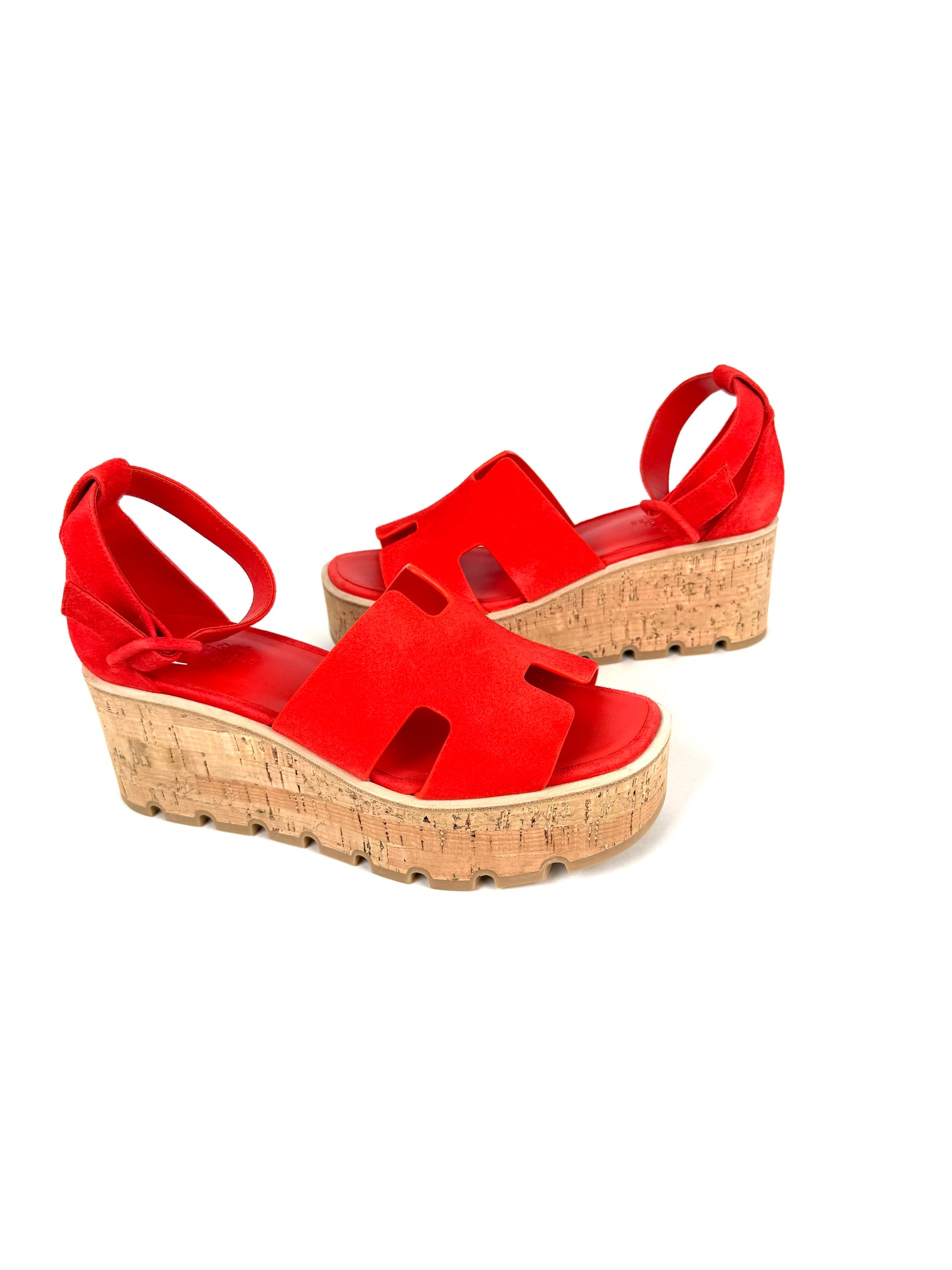 HERMES Luce 30 Wedge Rouge Grenadine Red Suede Leather Sandals 39 8.5