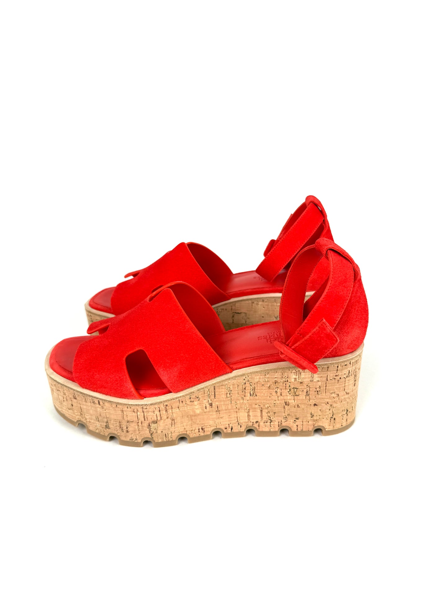 HERMES Luce 30 Wedge Rouge Grenadine Red Suede Leather Sandals 39 8.5