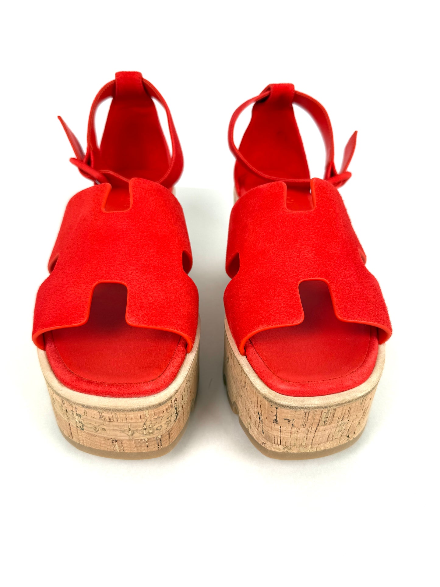 HERMES Luce 30 Wedge Rouge Grenadine Red Suede Leather Sandals 39 8.5