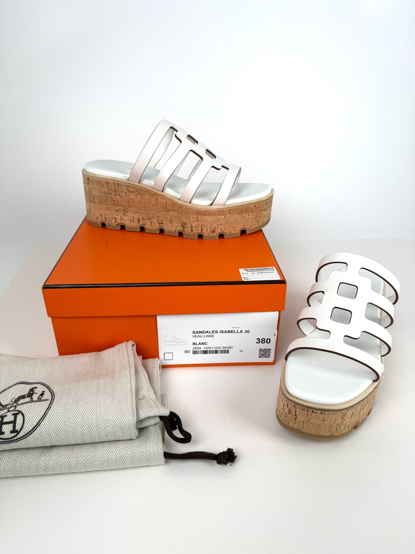 HERMES Isabella 30 Wedge White Slide Sandals 38 7.5