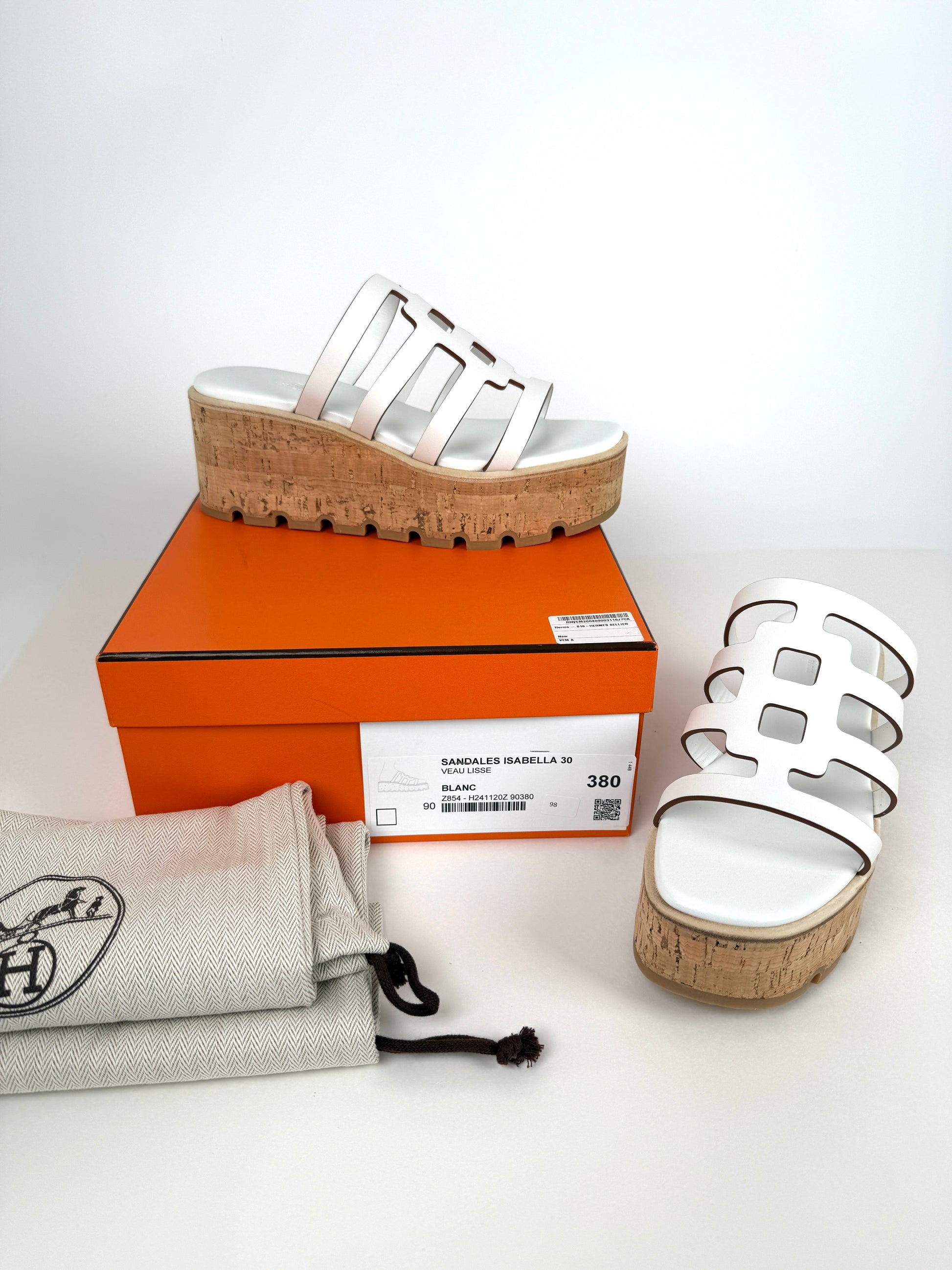 HERMES Isabella 30 Wedge White Slide Sandals 38 7.5