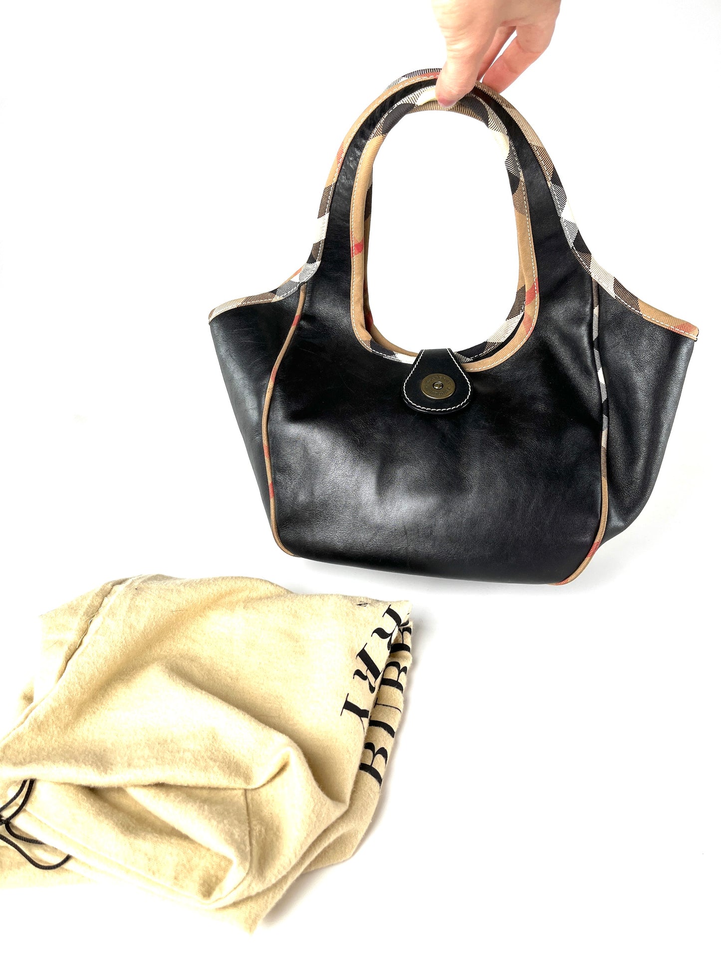 Burberry Black Leather Nova Check Trim Hobo Bag