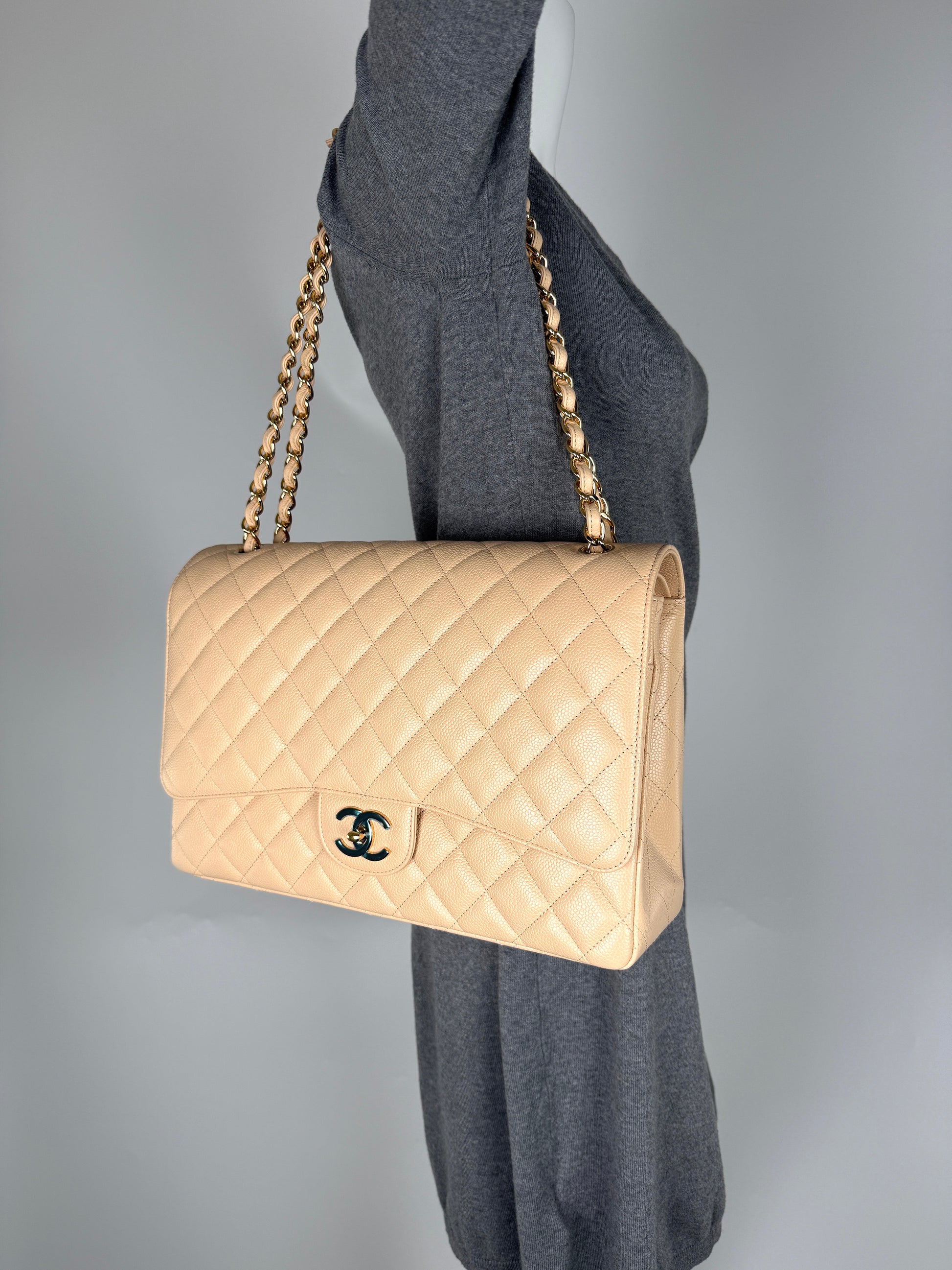 CHANEL Maxi Jumbo Beige Clair Quilted Caviar Leather Classic Flap Bag