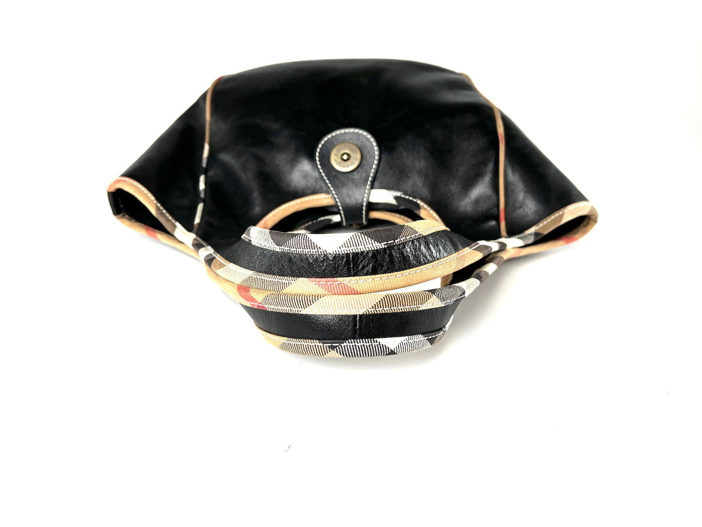 Burberry Black Leather Nova Check Trim Hobo Bag