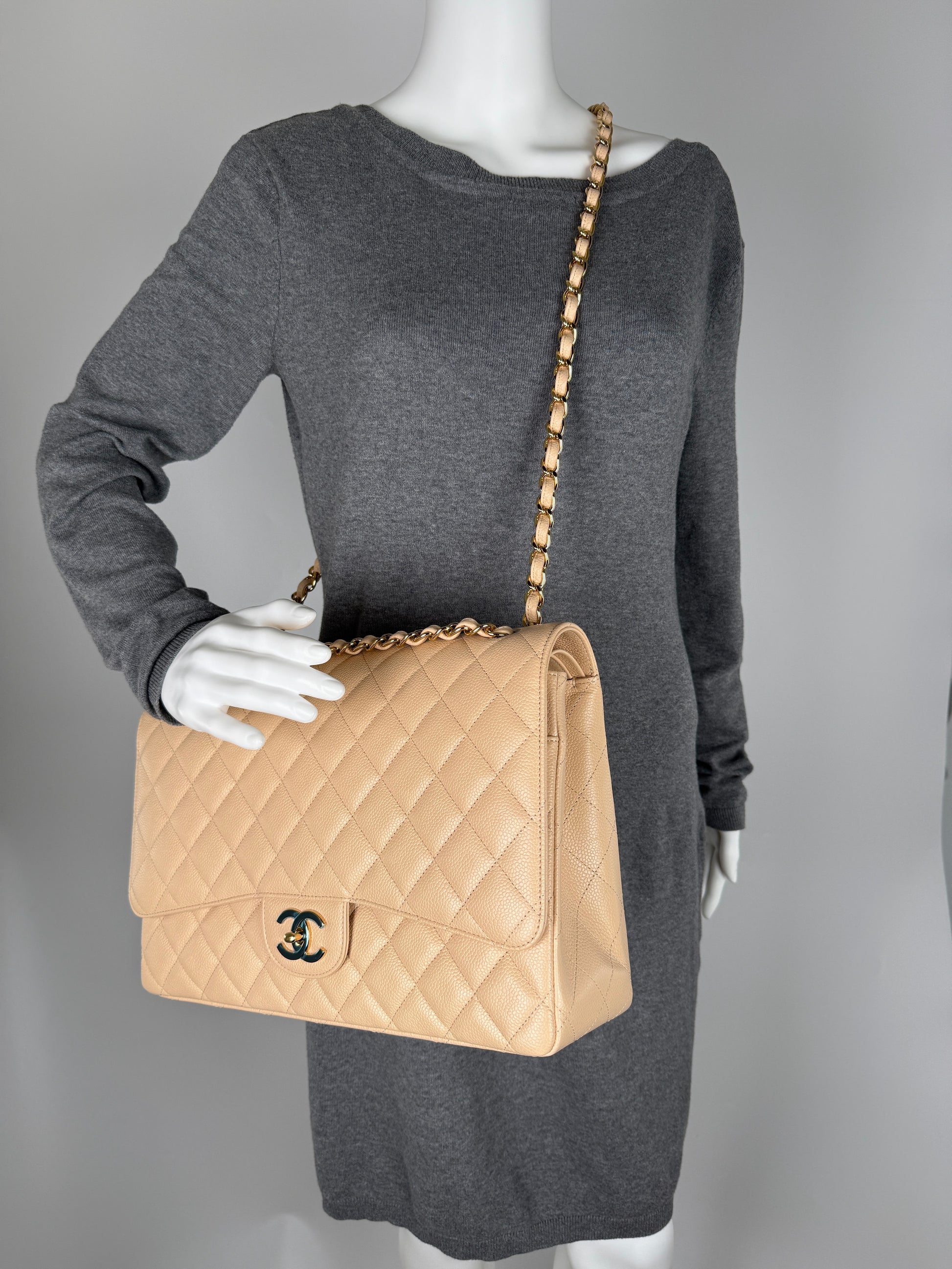 CHANEL Maxi Jumbo Beige Clair Quilted Caviar Leather Classic Flap Bag