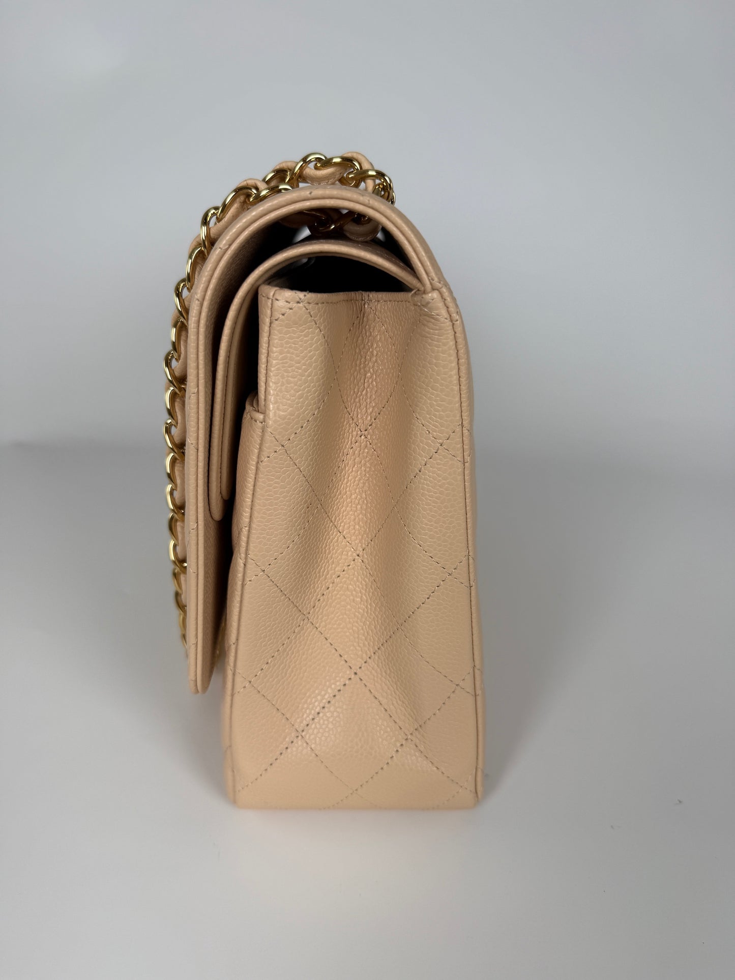 CHANEL Maxi Jumbo Beige Clair Quilted Caviar Leather Classic Flap Bag
