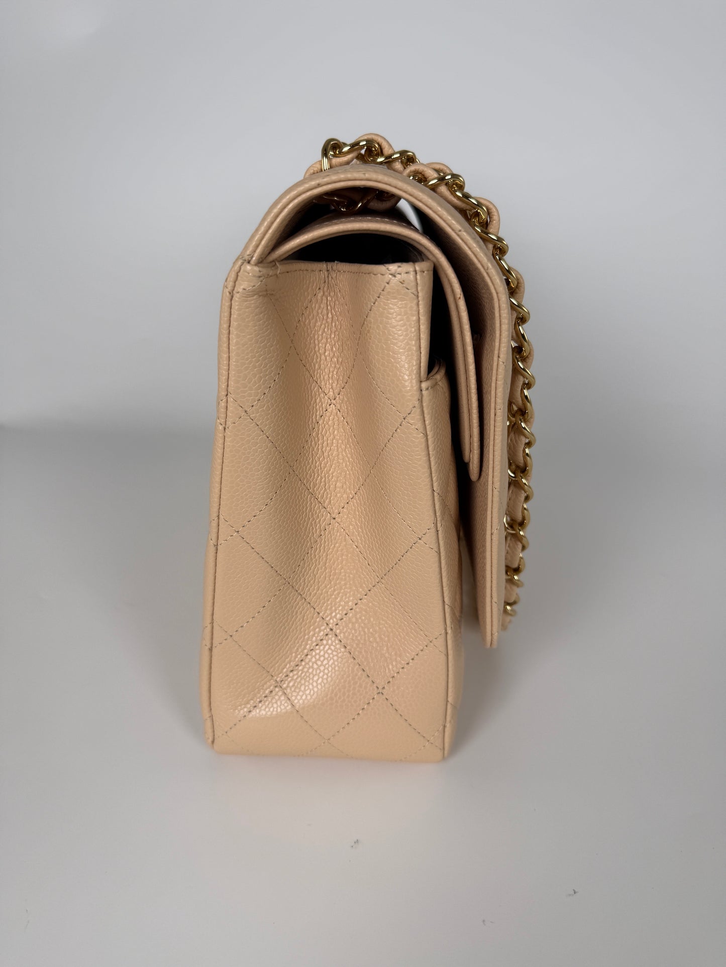 CHANEL Maxi Jumbo Beige Clair Quilted Caviar Leather Classic Flap Bag