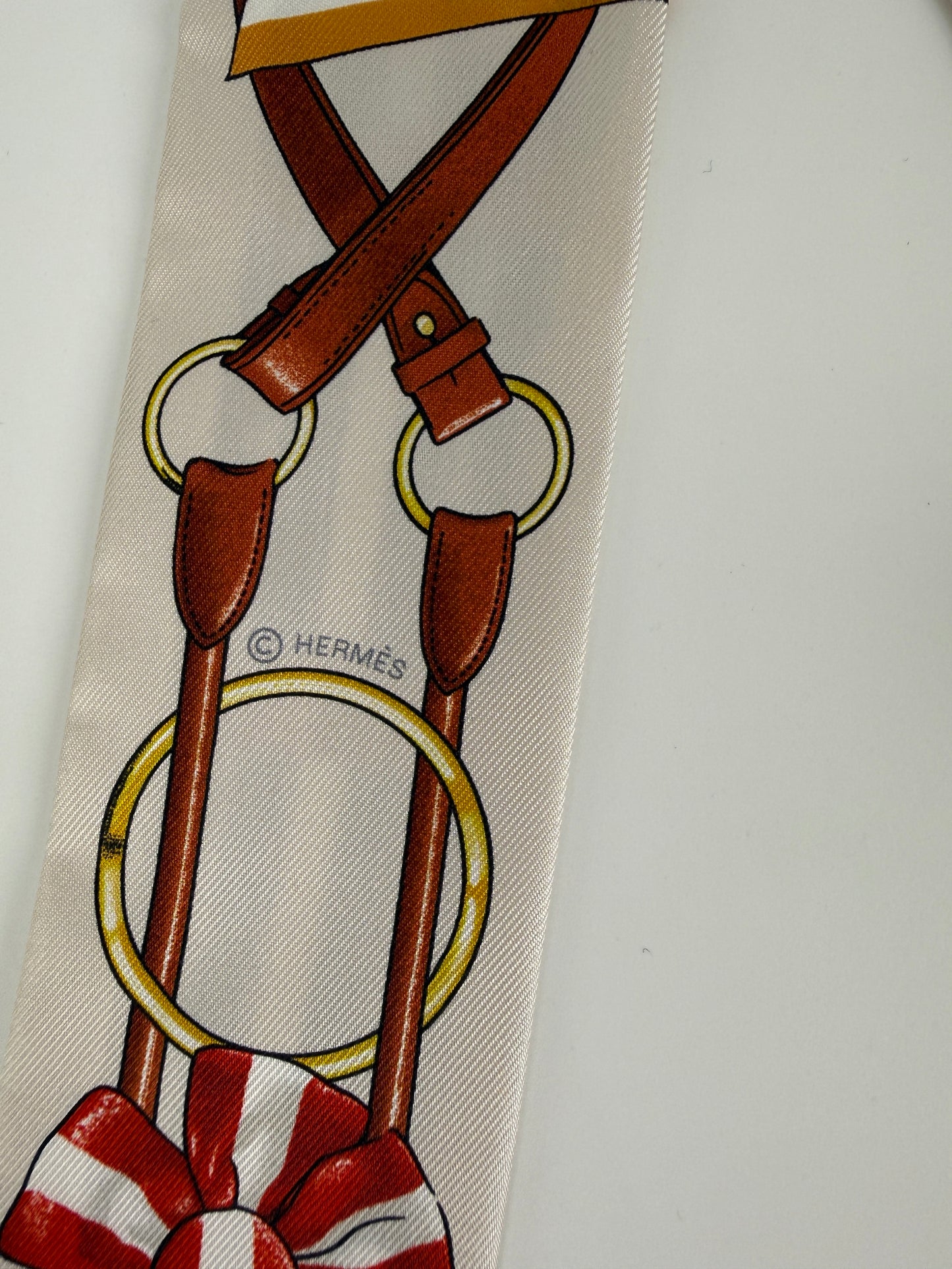 HERMES Jumping Creme Alezan Anthracite Silk Calfskin Leather Fringes Twilly Scarf New