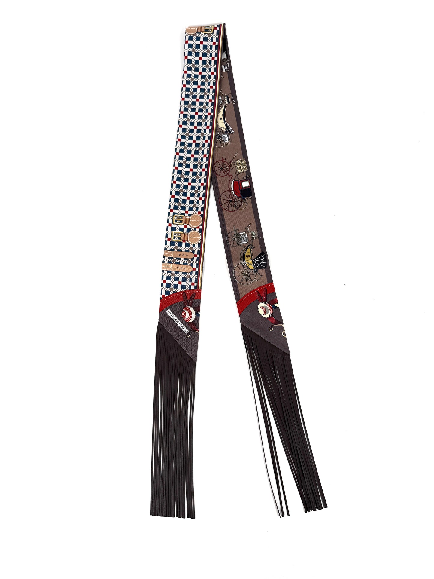 HERMES Les Voitures Nouvelles Bleu Rouge H Marron Glace Silk Calfskin Leather Fringes Twilly Scarf New