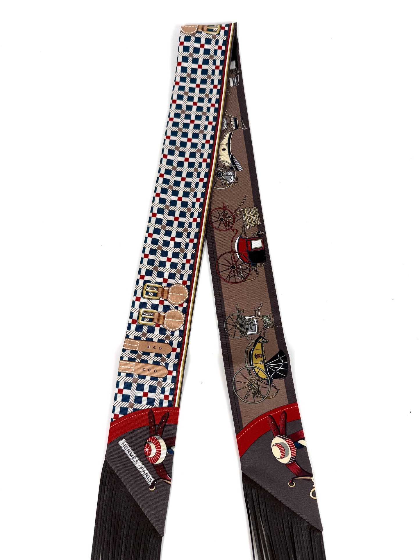 HERMES Les Voitures Nouvelles Bleu Rouge H Marron Glace Silk Calfskin Leather Fringes Twilly Scarf New