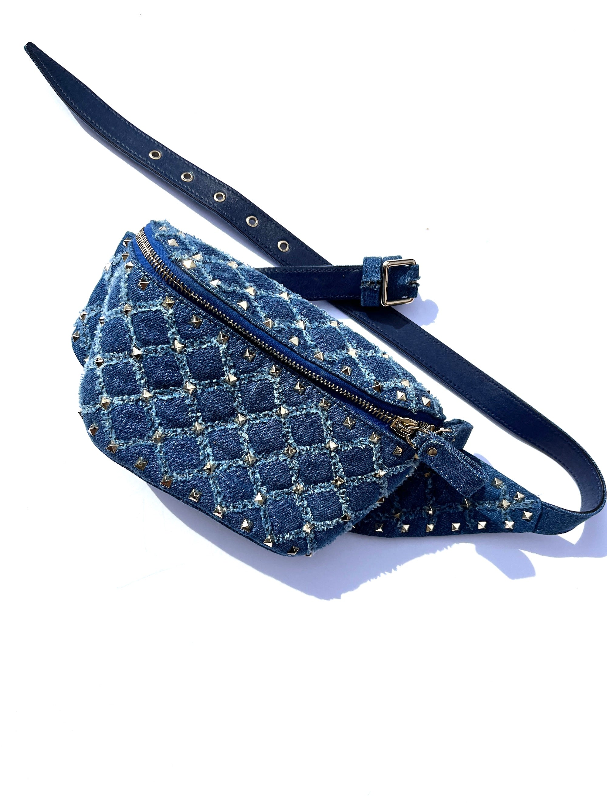 Valentino Rockstud Denim Blue Waist Belt Bag Fashion Reloved