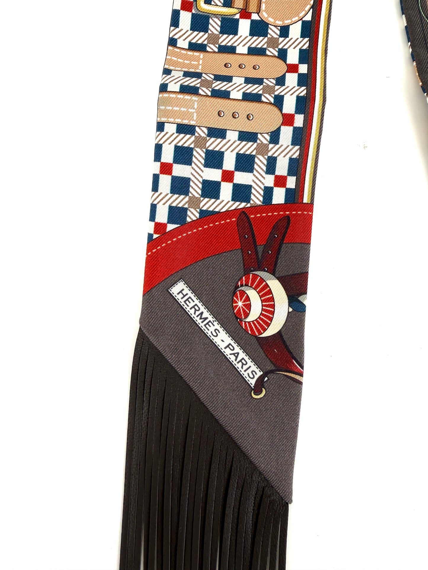 HERMES Les Voitures Nouvelles Bleu Rouge H Marron Glace Silk Calfskin Leather Fringes Twilly Scarf New
