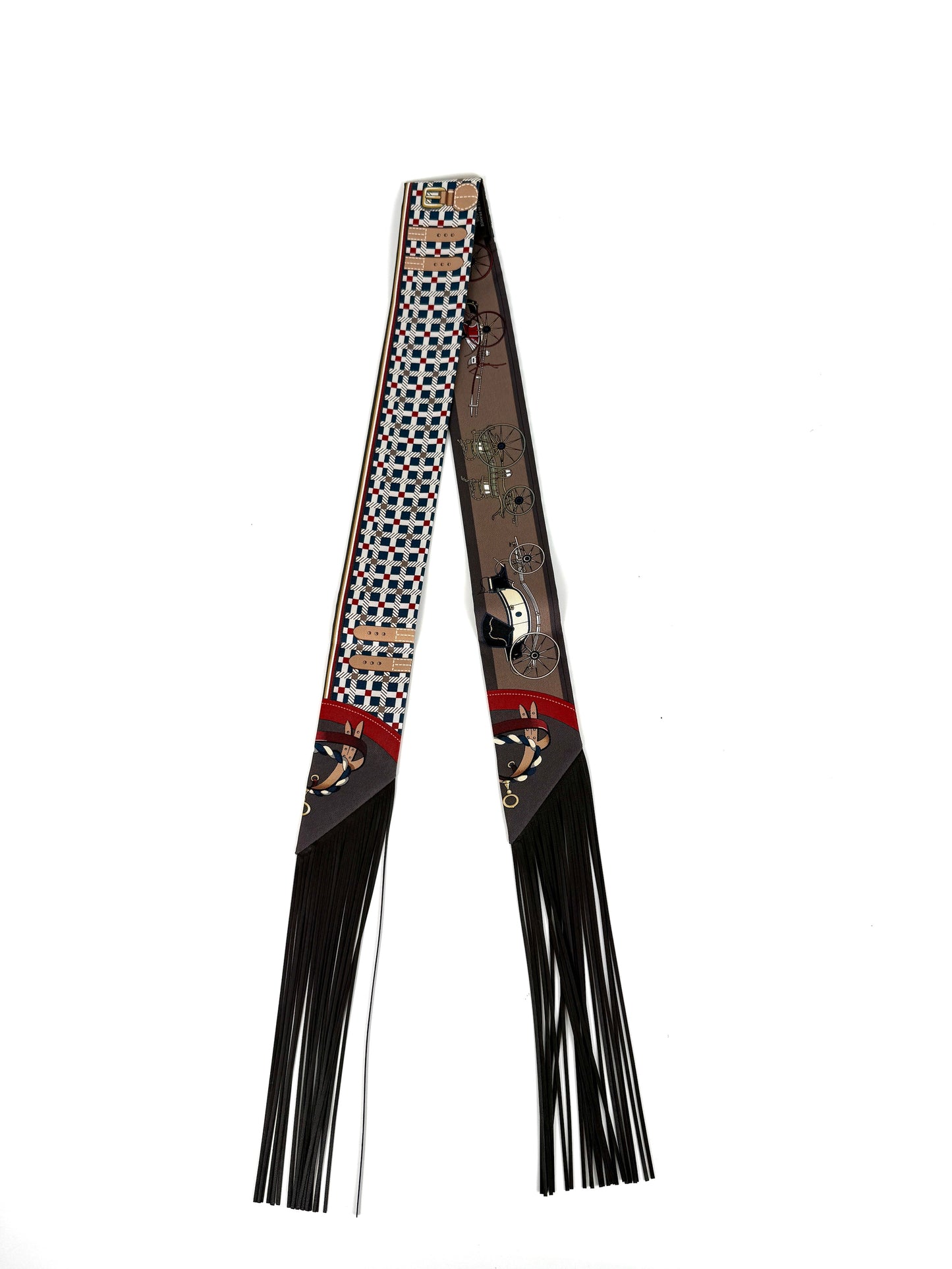 HERMES Les Voitures Nouvelles Bleu Rouge H Marron Glace Silk Calfskin Leather Fringes Twilly Scarf New
