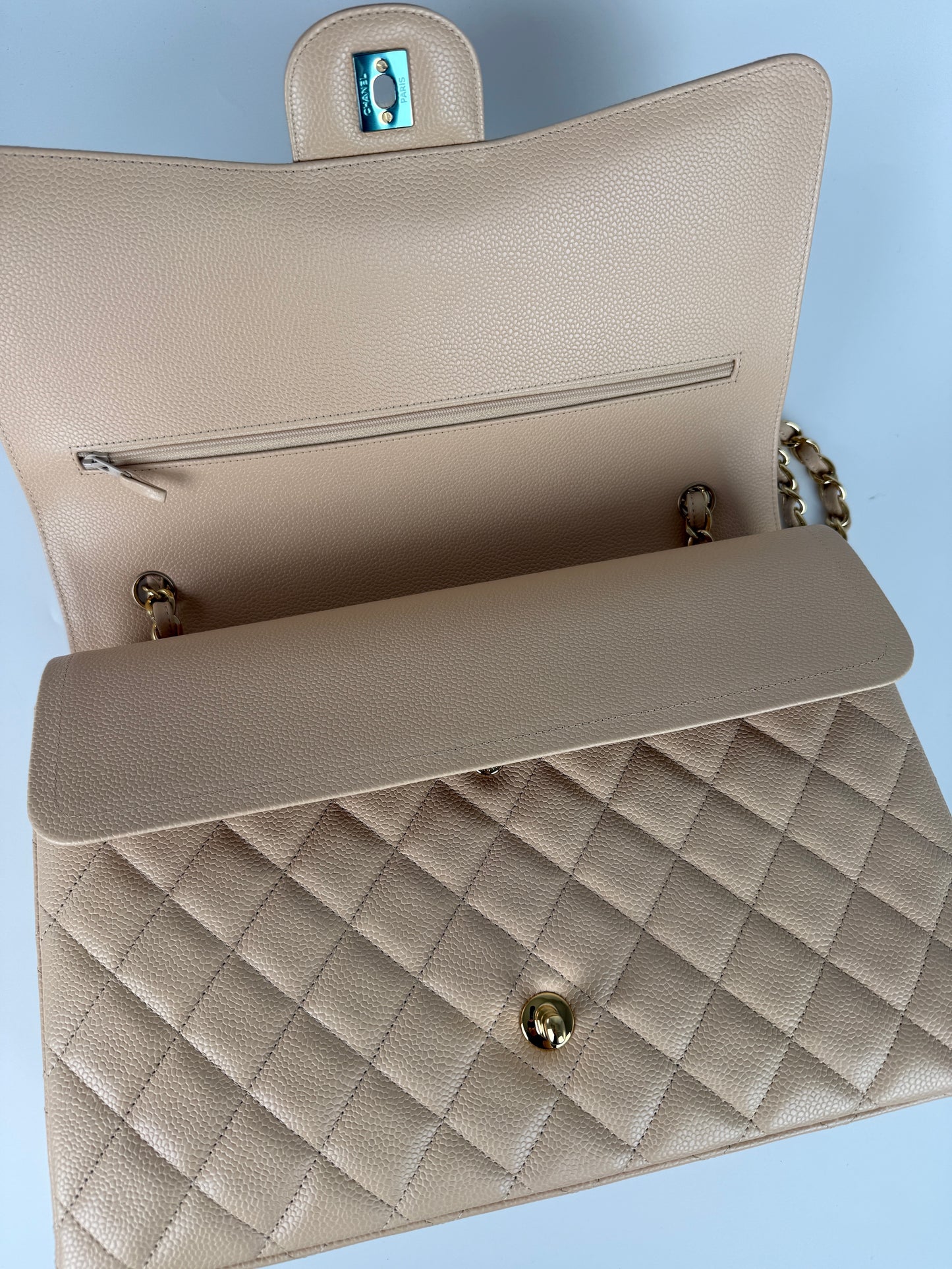 CHANEL Maxi Jumbo Beige Clair Quilted Caviar Leather Classic Flap Bag