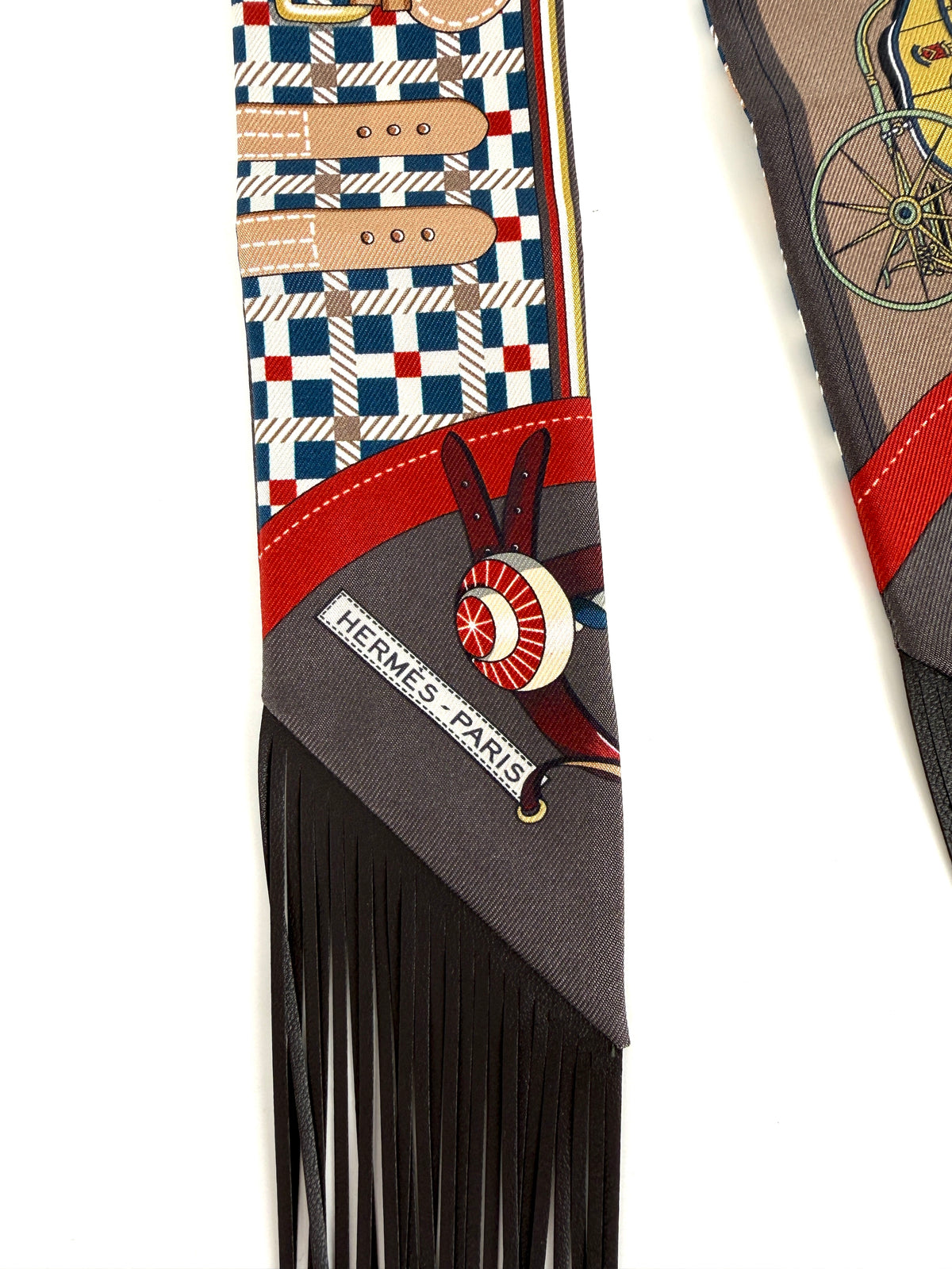 HERMES Les Voitures Nouvelles Bleu Rouge H Marron Glace Silk Calfskin Leather Fringes Twilly Scarf New